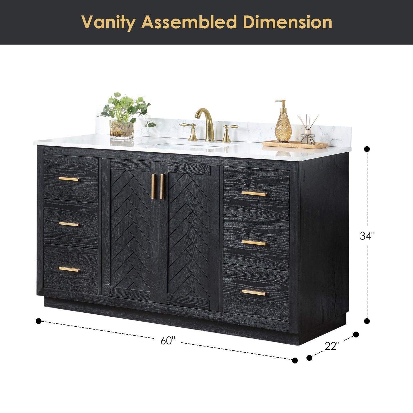 Gazsi 60" Single Bathroom Vanity Set in Black Oak with Grain White Engineered Stone Countertop without Mirror