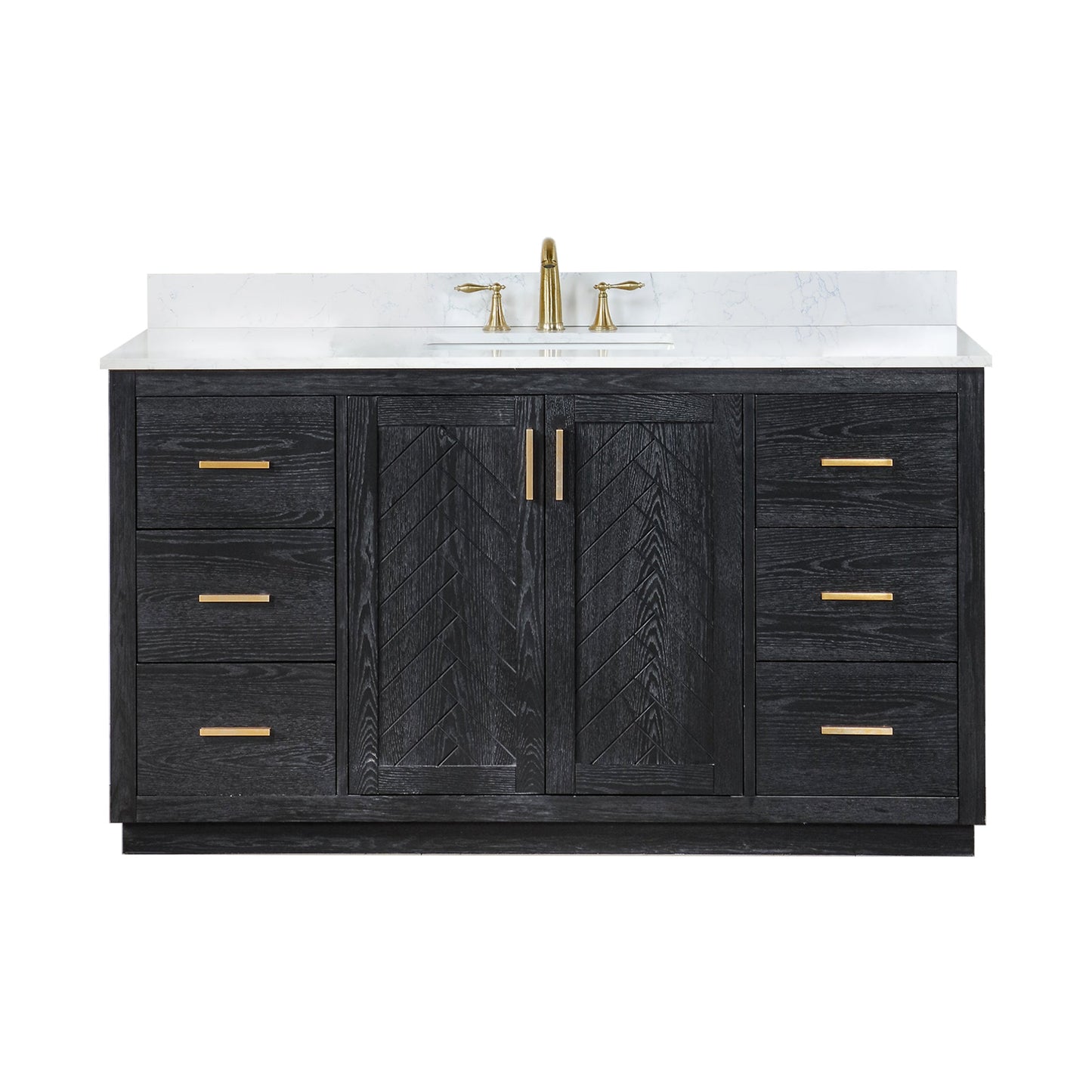 Gazsi 60" Single Bathroom Vanity Set in Black Oak with Grain White Engineered Stone Countertop without Mirror