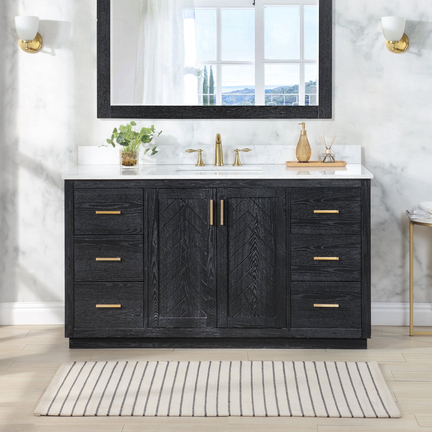 Gazsi 60" Single Bathroom Vanity Set in Black Oak with Grain White Engineered Stone Countertop without Mirror