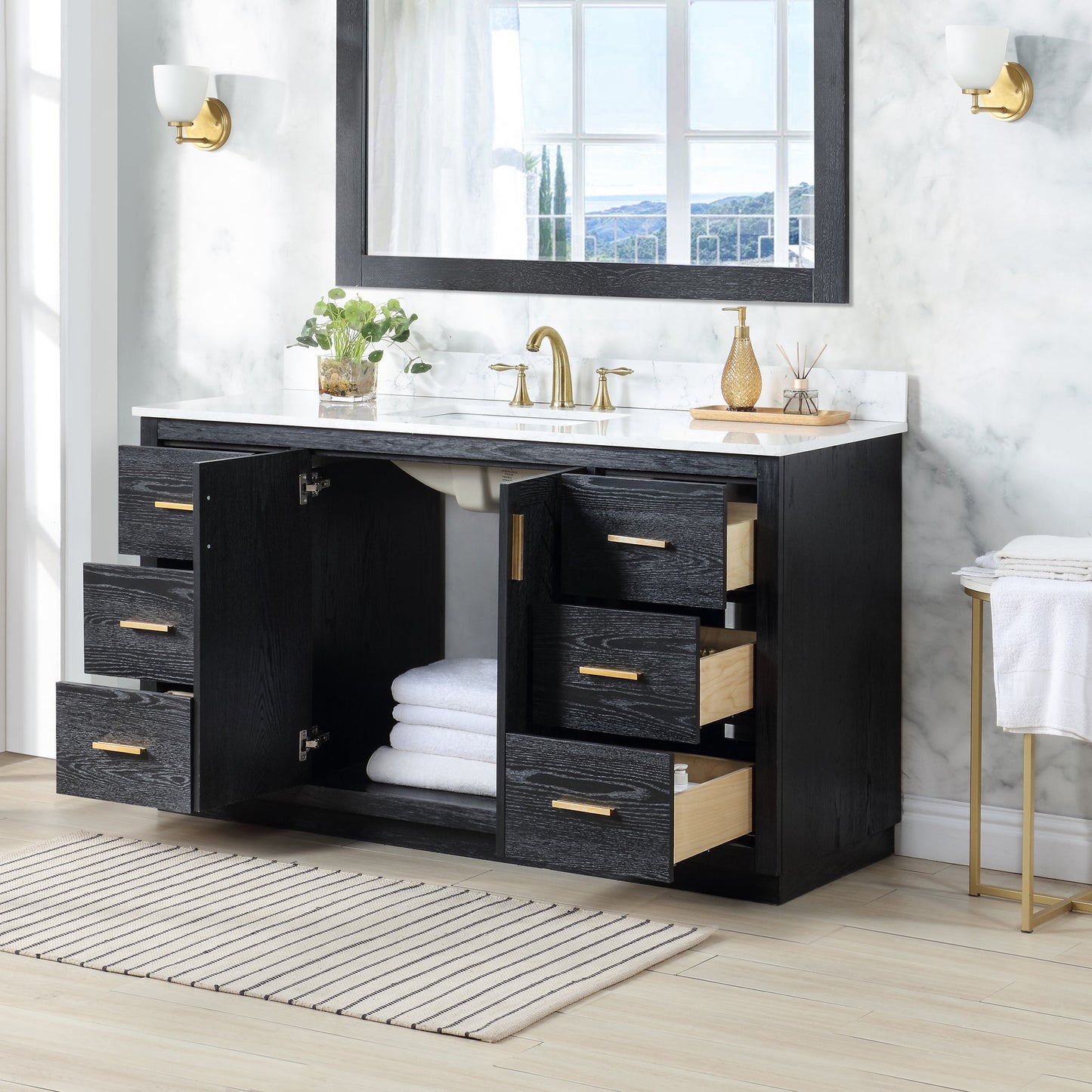 Gazsi 60" Single Bathroom Vanity Set in Black Oak with Grain White Engineered Stone Countertop without Mirror
