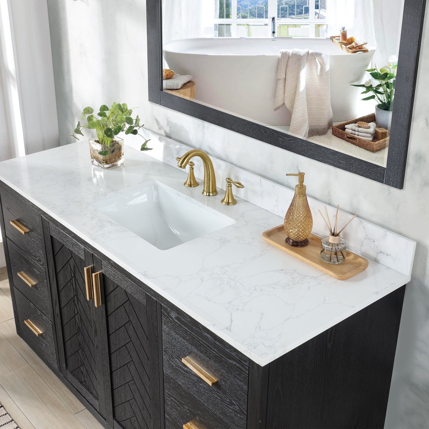 Gazsi 60" Single Bathroom Vanity Set in Black Oak with Grain White Engineered Stone Countertop without Mirror