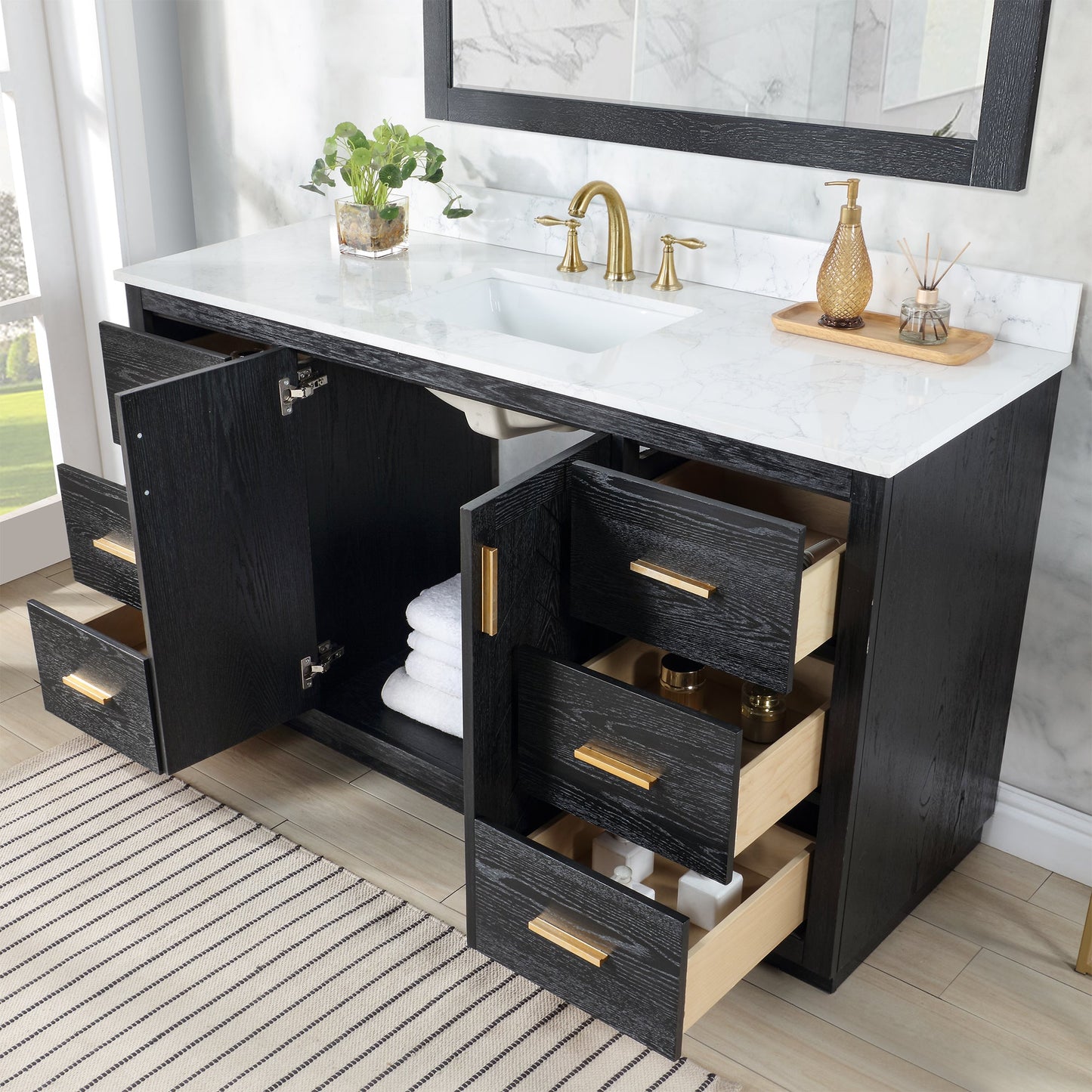 Gazsi 60" Single Bathroom Vanity Set in Black Oak with Grain White Engineered Stone Countertop with Mirror