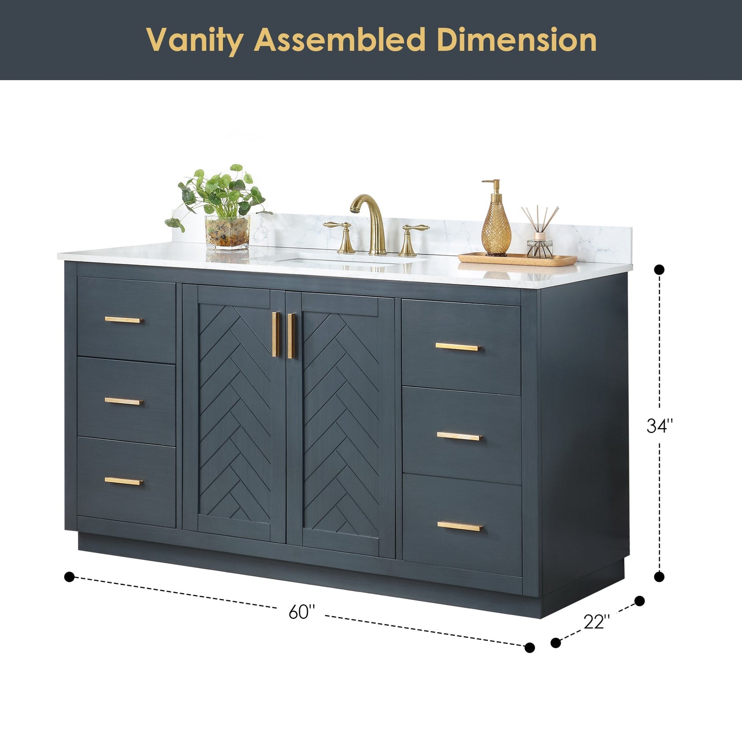 Gazsi 60" Single Bathroom Vanity Set in Classic Blue with Grain White Engineered Stone Countertop without Mirror