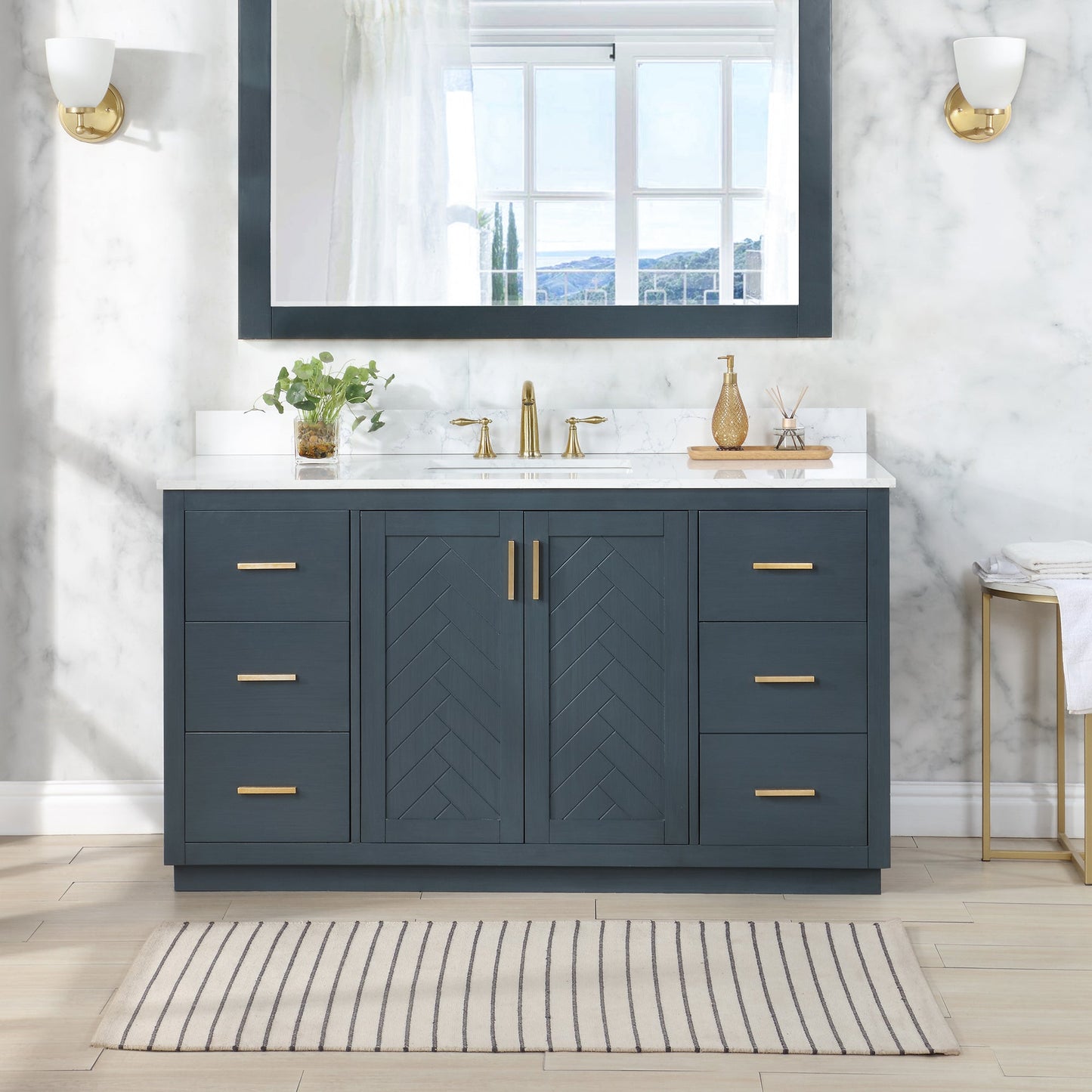 Gazsi 60" Single Bathroom Vanity Set in Classic Blue with Grain White Engineered Stone Countertop without Mirror