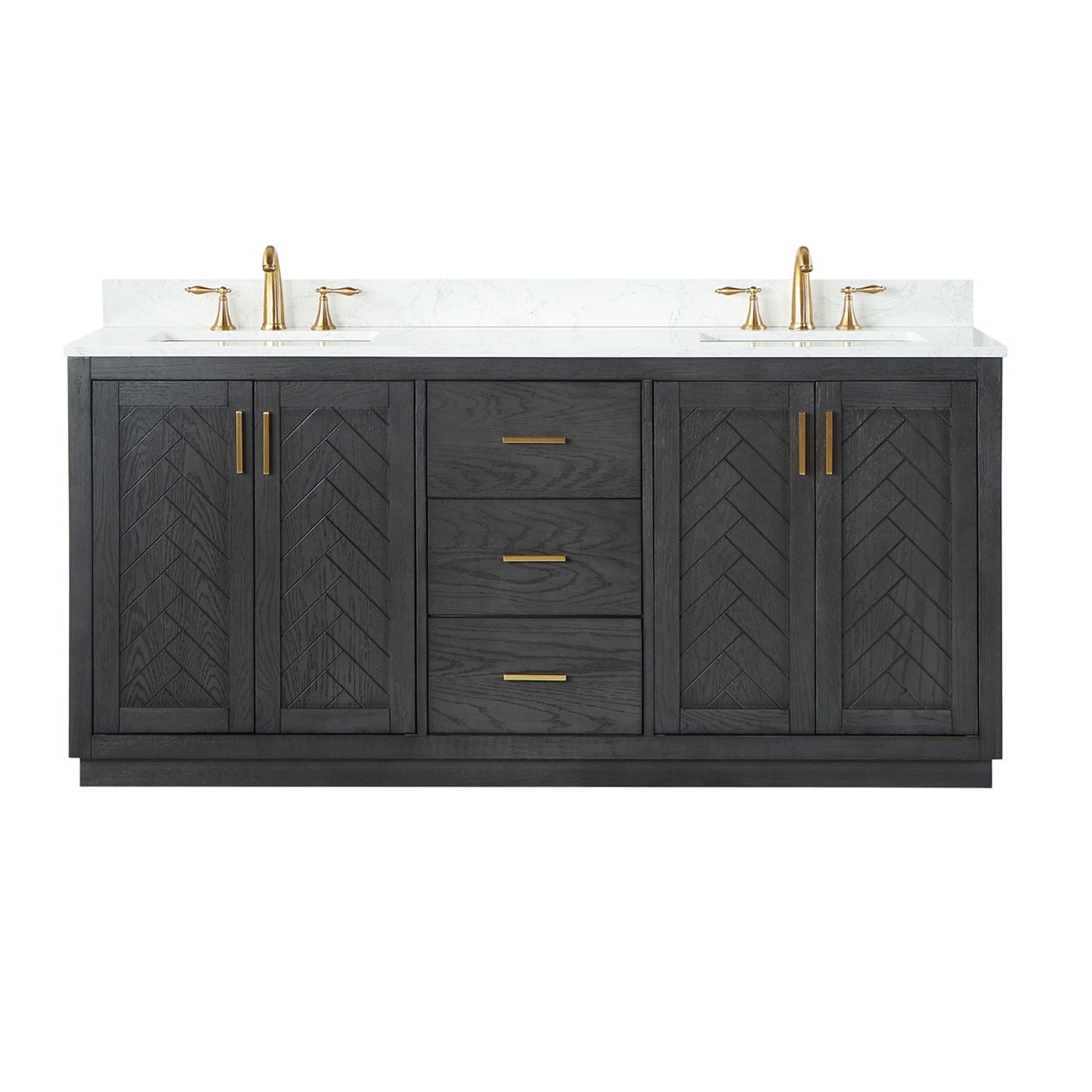 Gazsi 72" Double Bathroom Vanity Set in Brown Oak with Grain White Engineered Stone Countertop without Mirror