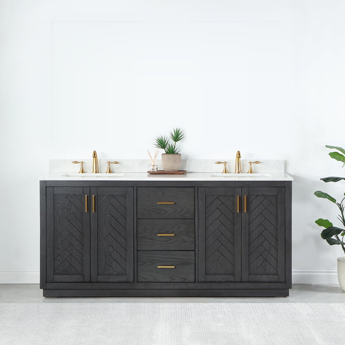 Gazsi 72" Double Bathroom Vanity Set in Brown Oak with Grain White Engineered Stone Countertop without Mirror