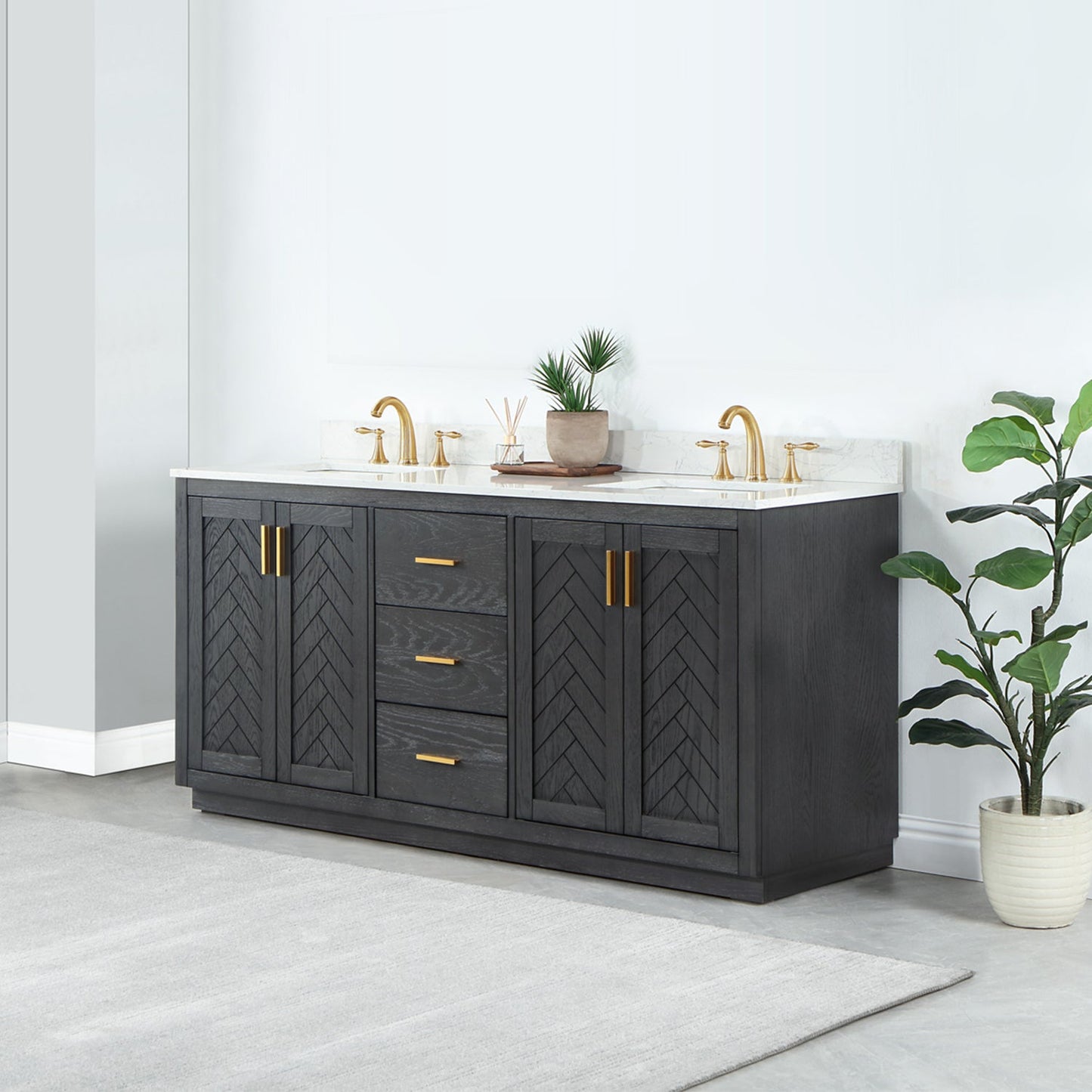 Gazsi 72" Double Bathroom Vanity Set in Brown Oak with Grain White Engineered Stone Countertop without Mirror