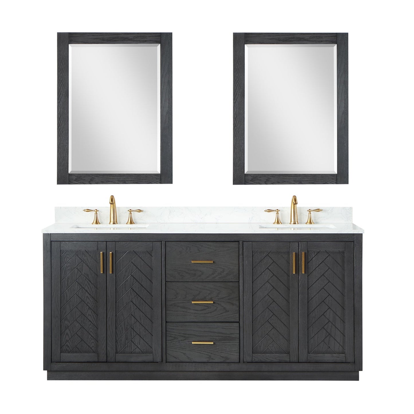 Gazsi 72" Double Bathroom Vanity Set in Brown Oak with Grain White Engineered Stone Countertop with Mirror