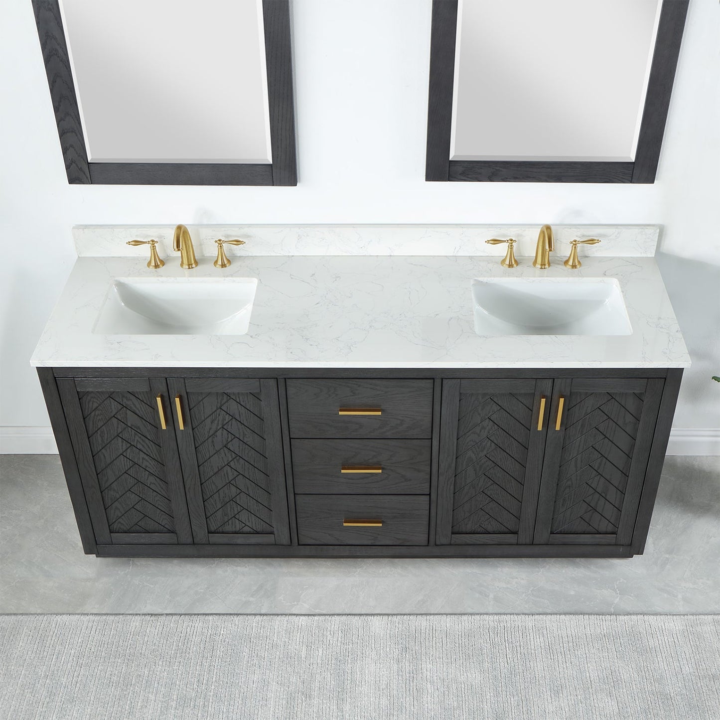 Gazsi 72" Double Bathroom Vanity Set in Brown Oak with Grain White Engineered Stone Countertop with Mirror