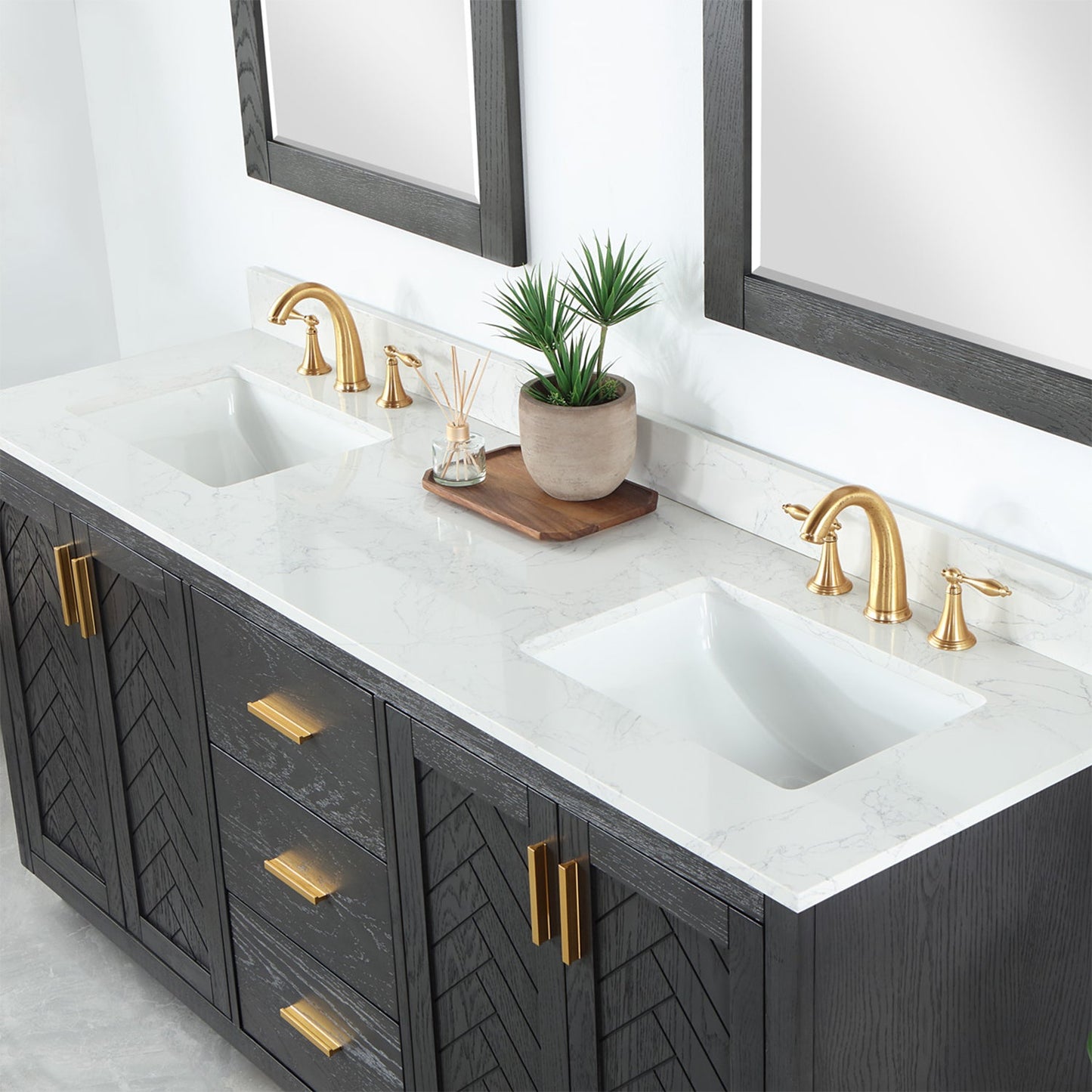 Gazsi 72" Double Bathroom Vanity Set in Brown Oak with Grain White Engineered Stone Countertop with Mirror