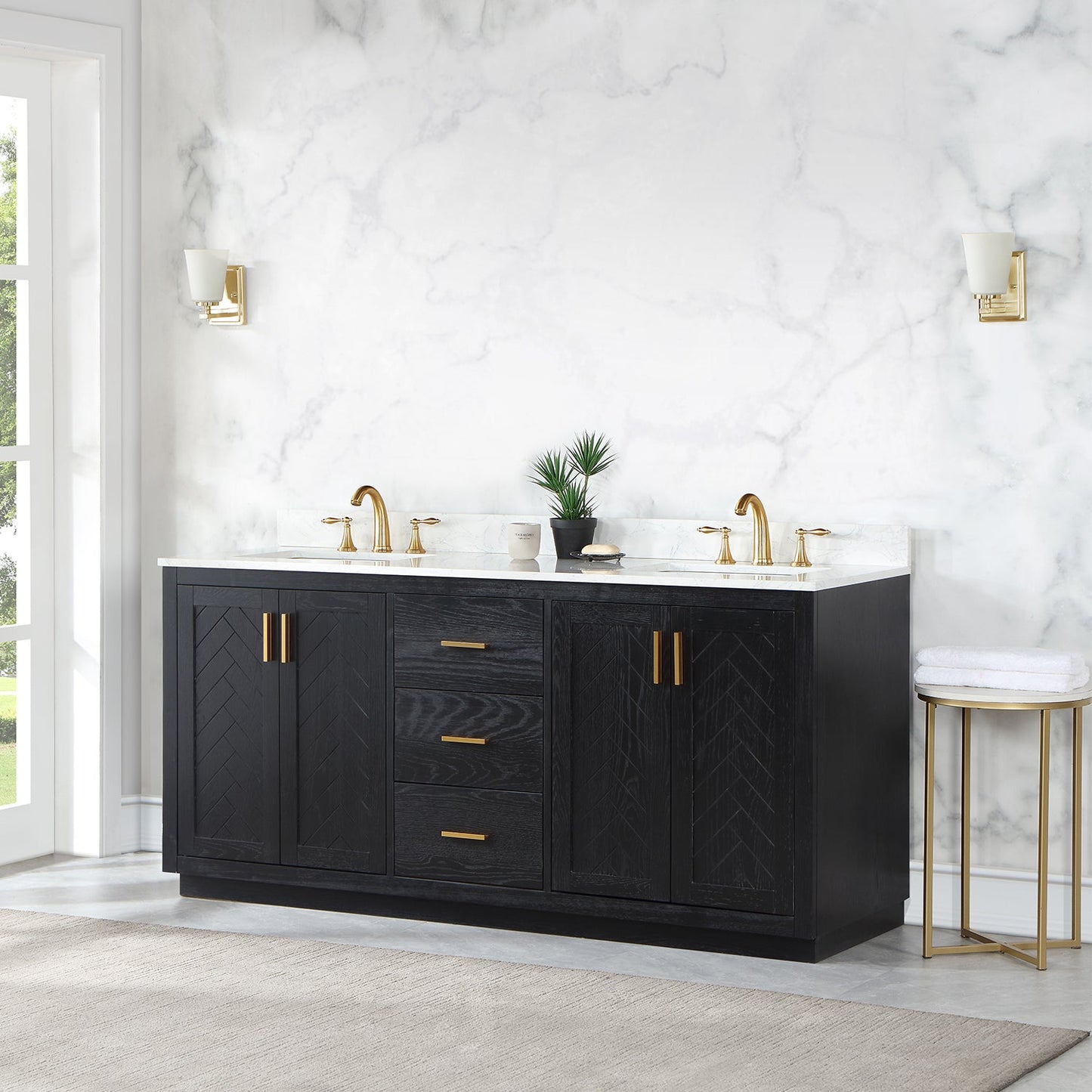 Gazsi 72" Double Bathroom Vanity Set in Black Oak with Grain White Engineered Stone Countertop without Mirror