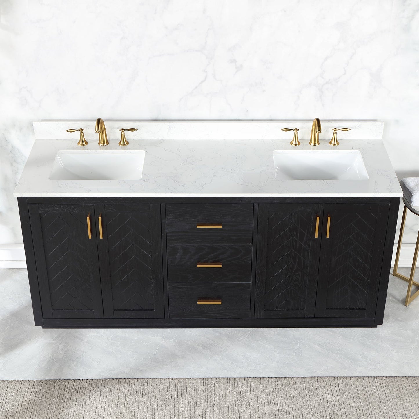 Gazsi 72" Double Bathroom Vanity Set in Black Oak with Grain White Engineered Stone Countertop without Mirror
