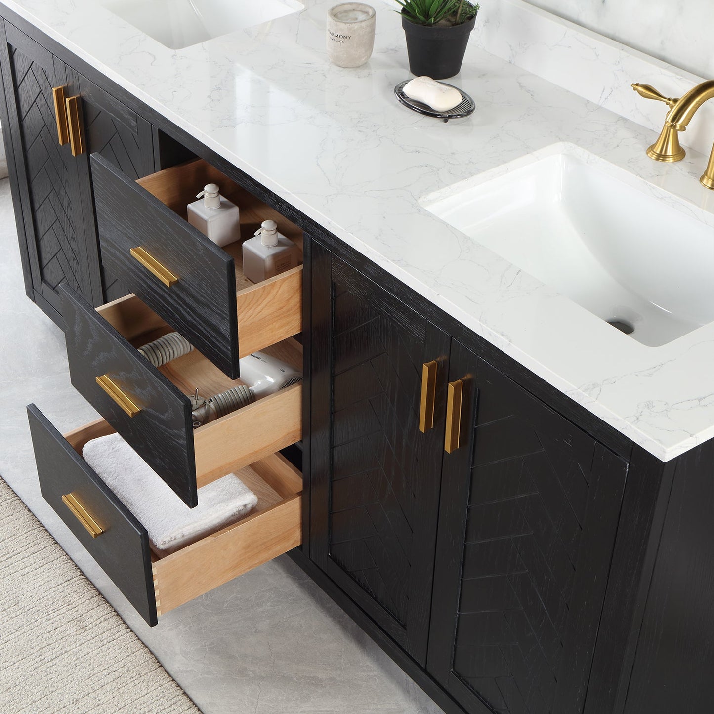 Gazsi 72" Double Bathroom Vanity Set in Black Oak with Grain White Engineered Stone Countertop without Mirror