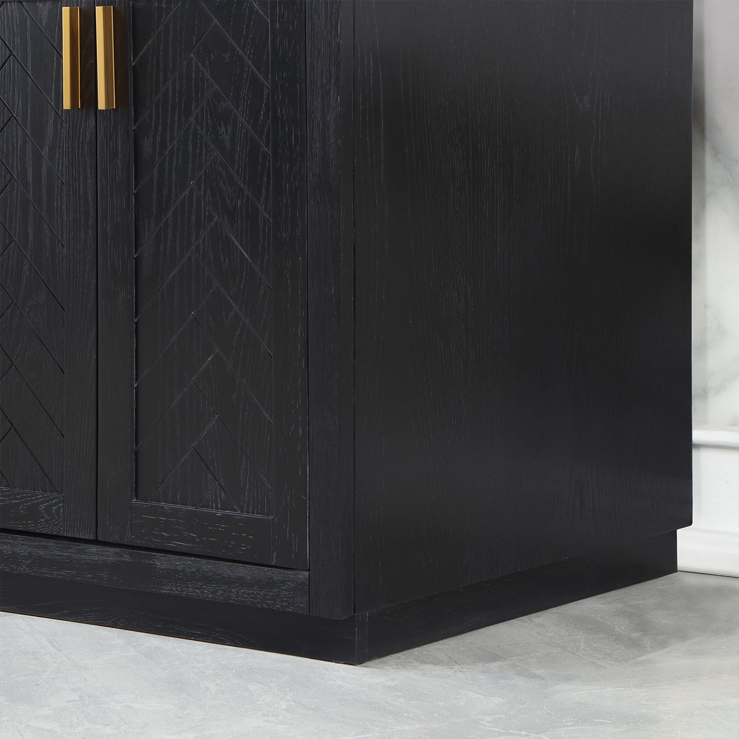 Gazsi 72" Double Bathroom Vanity Set in Black Oak with Grain White Engineered Stone Countertop without Mirror