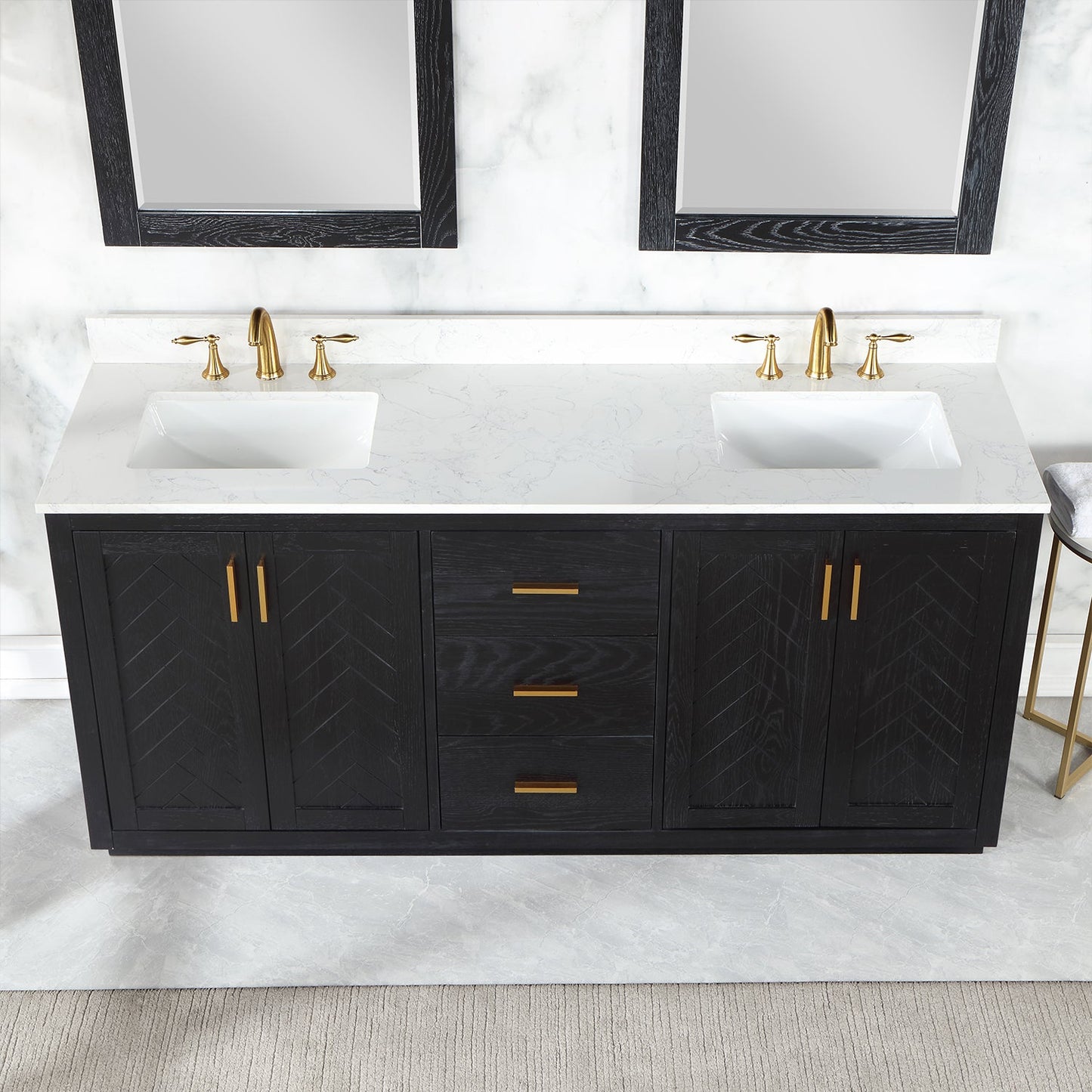 Gazsi 72" Double Bathroom Vanity Set in Black Oak with Grain White Engineered Stone Countertop with Mirror