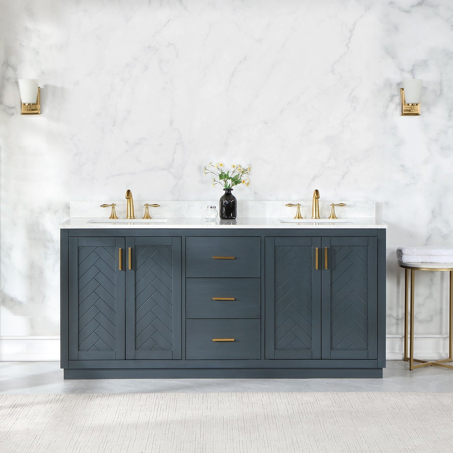 Gazsi 72" Double Bathroom Vanity Set in Classic Blue with Grain White Engineered Stone Countertop without Mirror