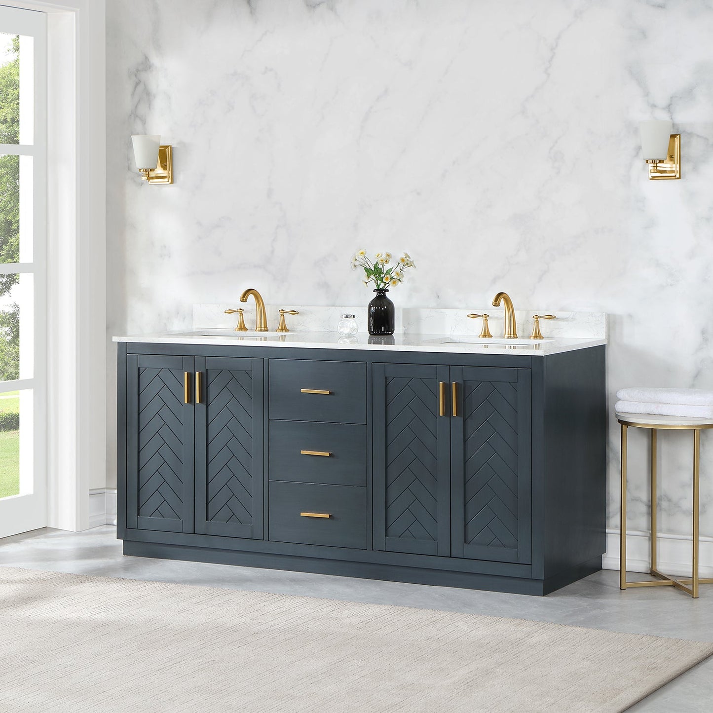 Gazsi 72" Double Bathroom Vanity Set in Classic Blue with Grain White Engineered Stone Countertop without Mirror