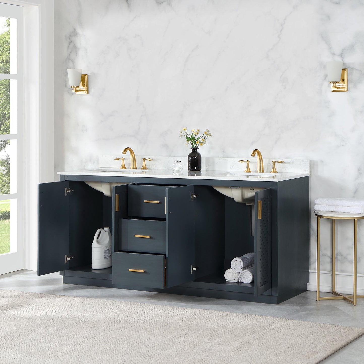 Gazsi 72" Double Bathroom Vanity Set in Classic Blue with Grain White Engineered Stone Countertop without Mirror