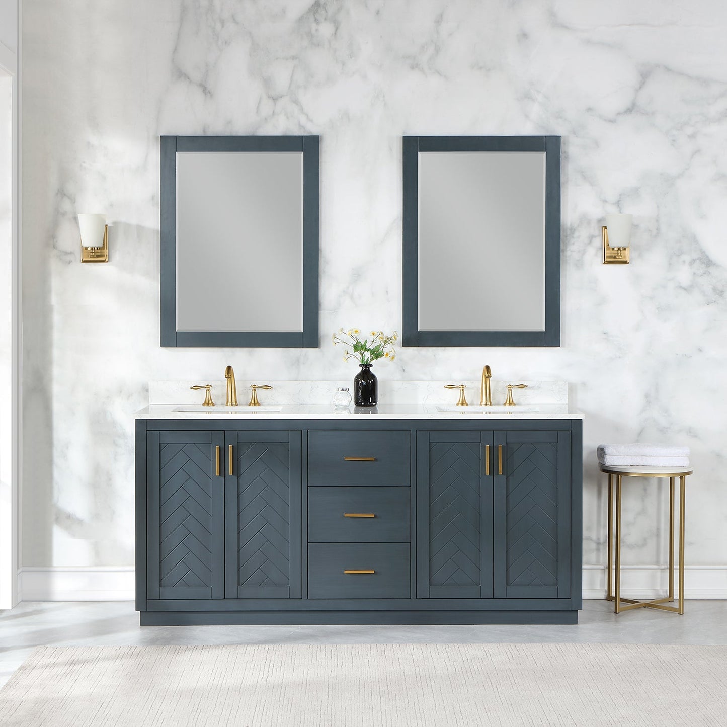Gazsi 72" Double Bathroom Vanity Set in Classic Blue with Grain White Engineered Stone Countertop with Mirror