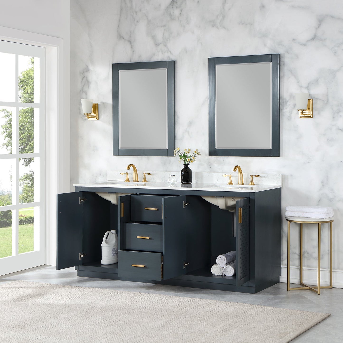 Gazsi 72" Double Bathroom Vanity Set in Classic Blue with Grain White Engineered Stone Countertop with Mirror