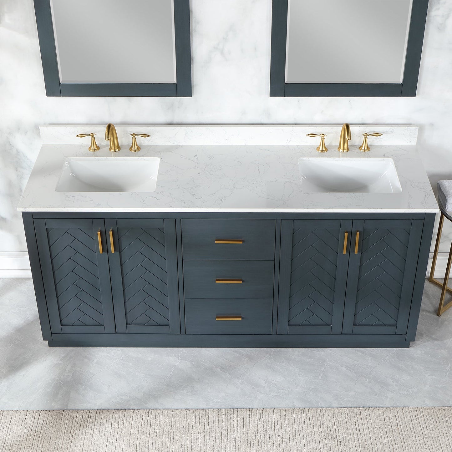 Gazsi 72" Double Bathroom Vanity Set in Classic Blue with Grain White Engineered Stone Countertop with Mirror