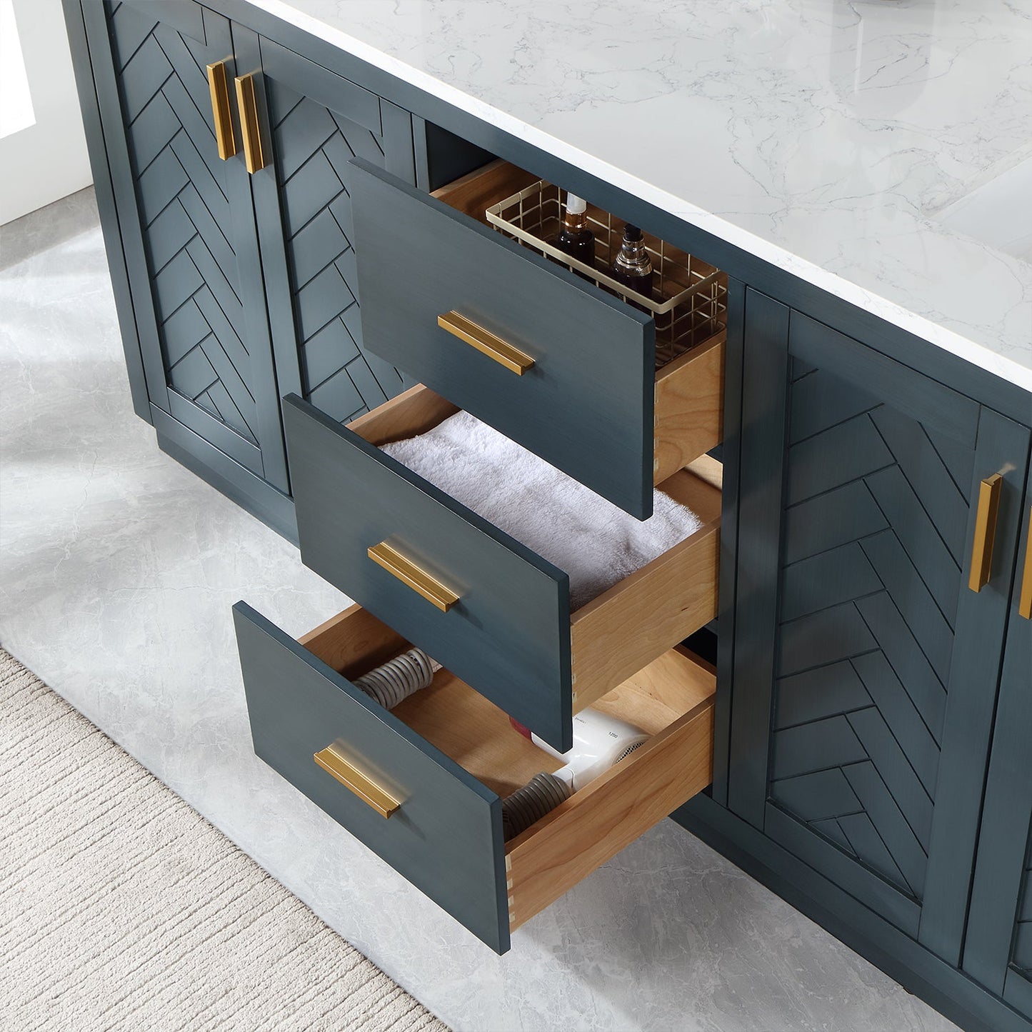 Gazsi 72" Double Bathroom Vanity Set in Classic Blue with Grain White Engineered Stone Countertop with Mirror