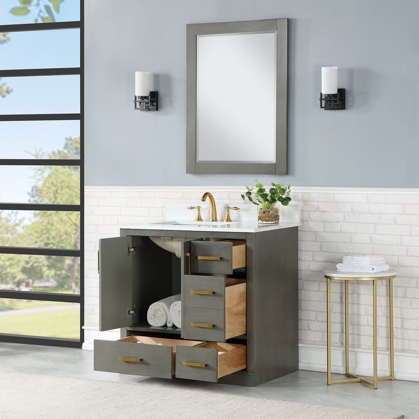 Monna 36" Single Bathroom Vanity Set in Gray Pine with Aosta White Engineered Stone Countertop with Mirror