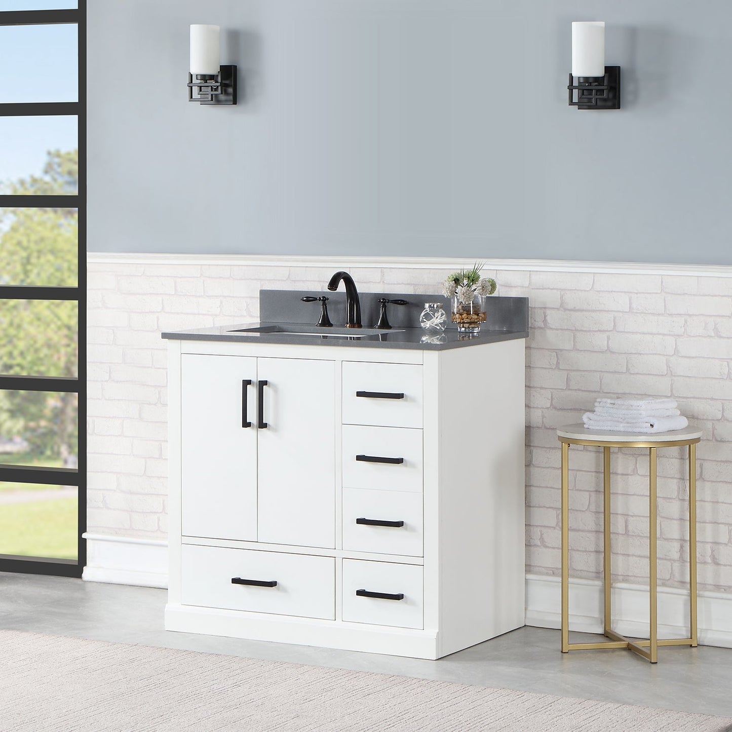 Monna 36" Single Bathroom Vanity Set in White with Concrete Grey Engineered Stone Countertop without Mirror