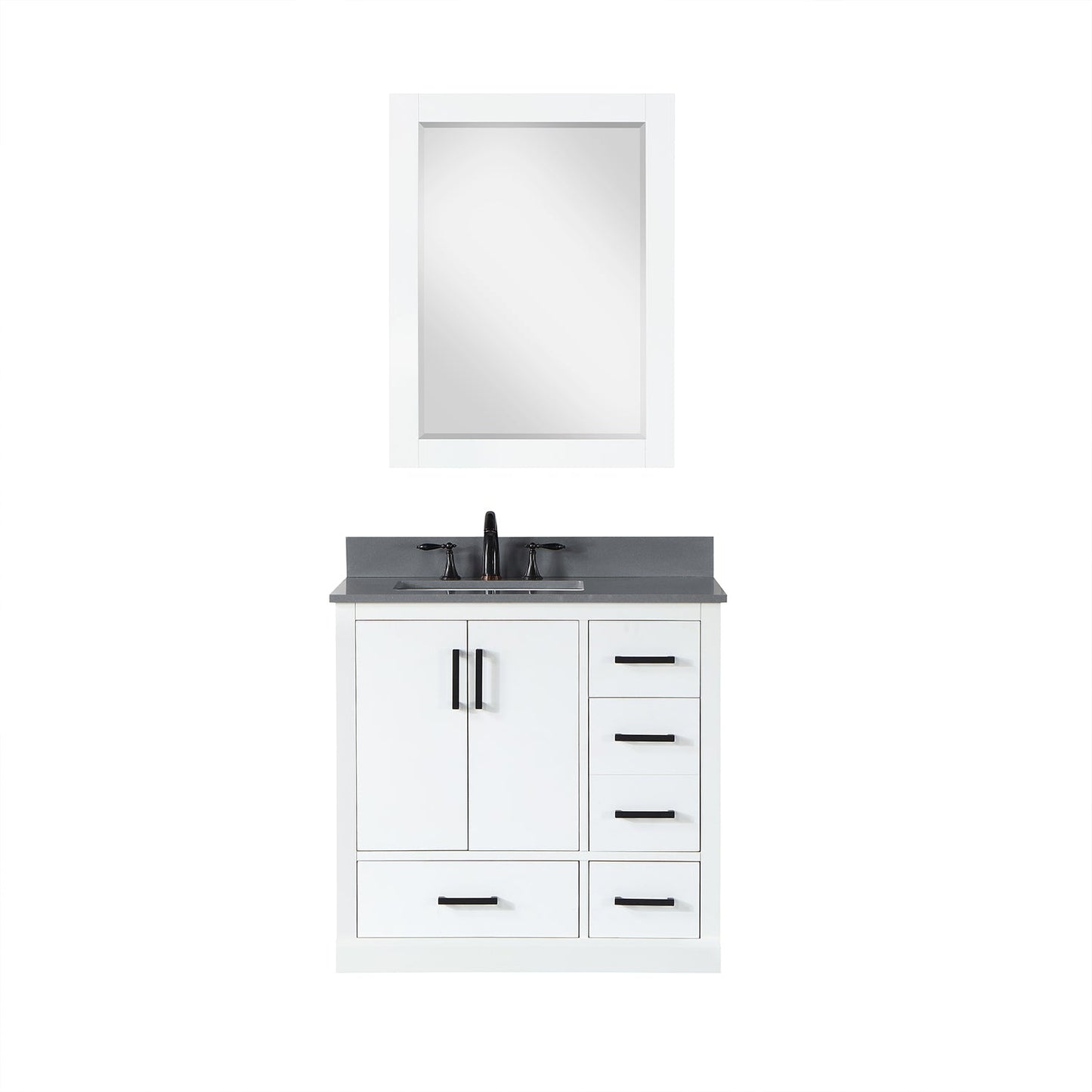 Monna 36" Single Bathroom Vanity Set in White with Concrete Grey Engineered Stone Countertop with Mirror
