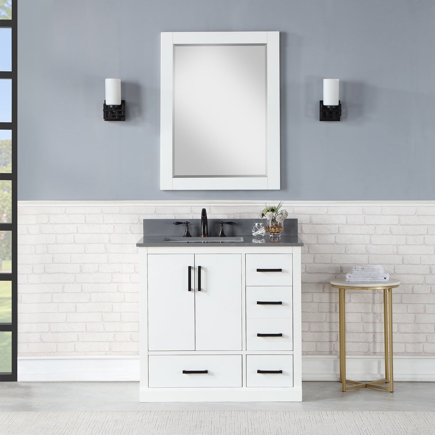 Monna 36" Single Bathroom Vanity Set in White with Concrete Grey Engineered Stone Countertop with Mirror