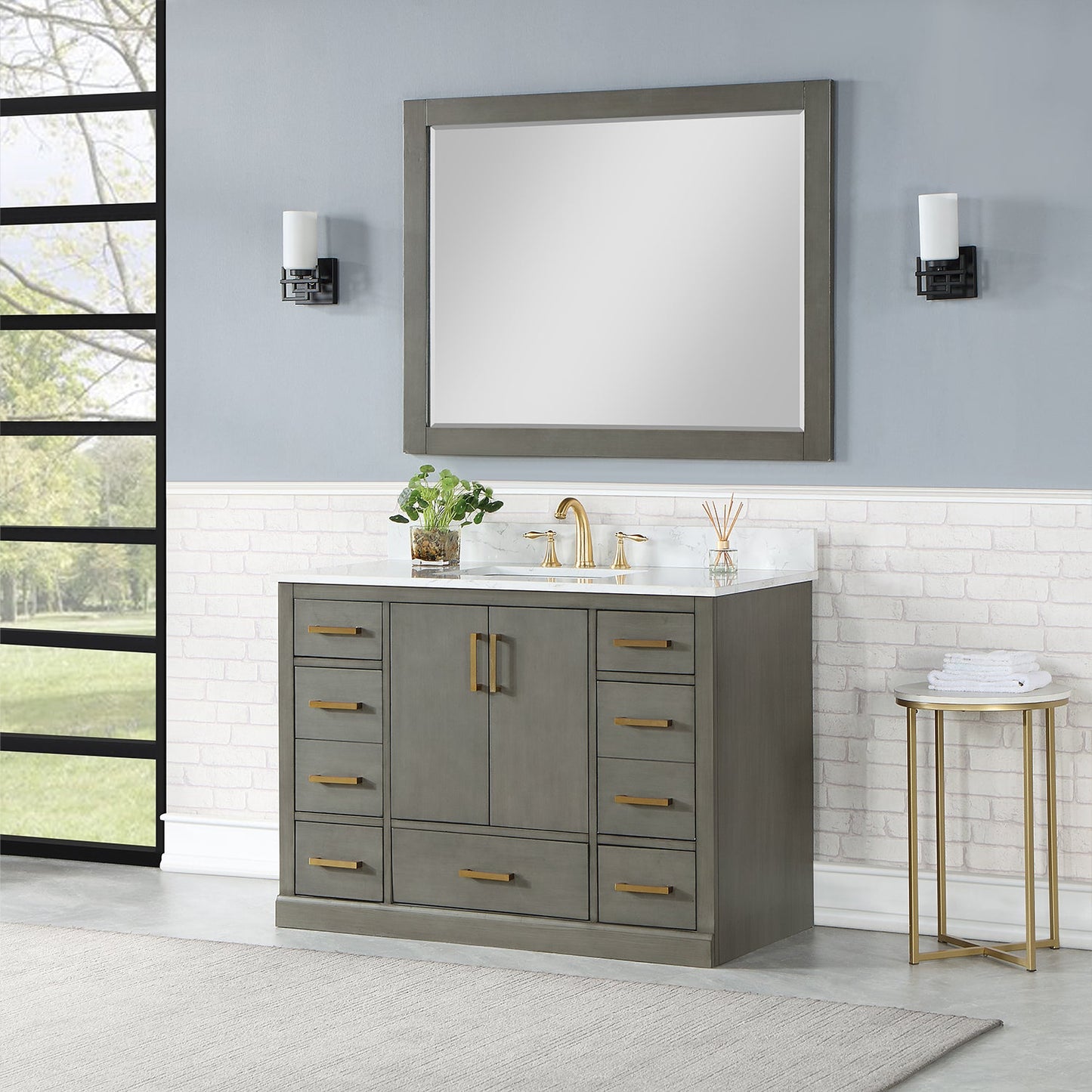 Monna 48" Single Bathroom Vanity Set in Gray Pine with Aosta White Engineered Stone Countertop with Mirror