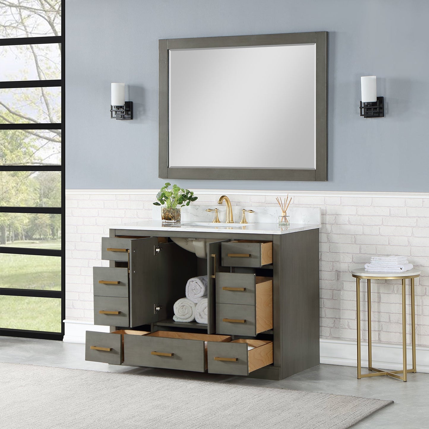 Monna 48" Single Bathroom Vanity Set in Gray Pine with Aosta White Engineered Stone Countertop with Mirror