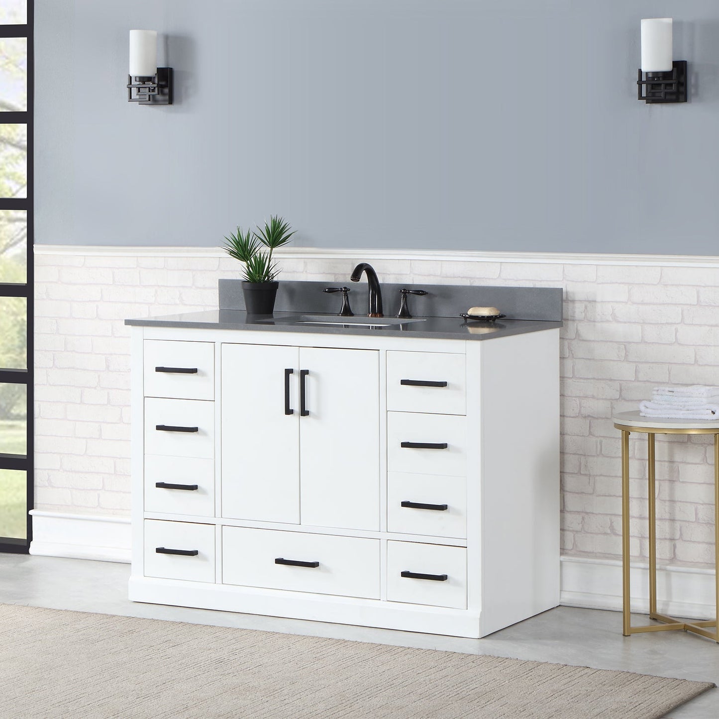 Monna 48" Single Bathroom Vanity Set in White with Concrete Grey Engineered Stone Countertop without Mirror