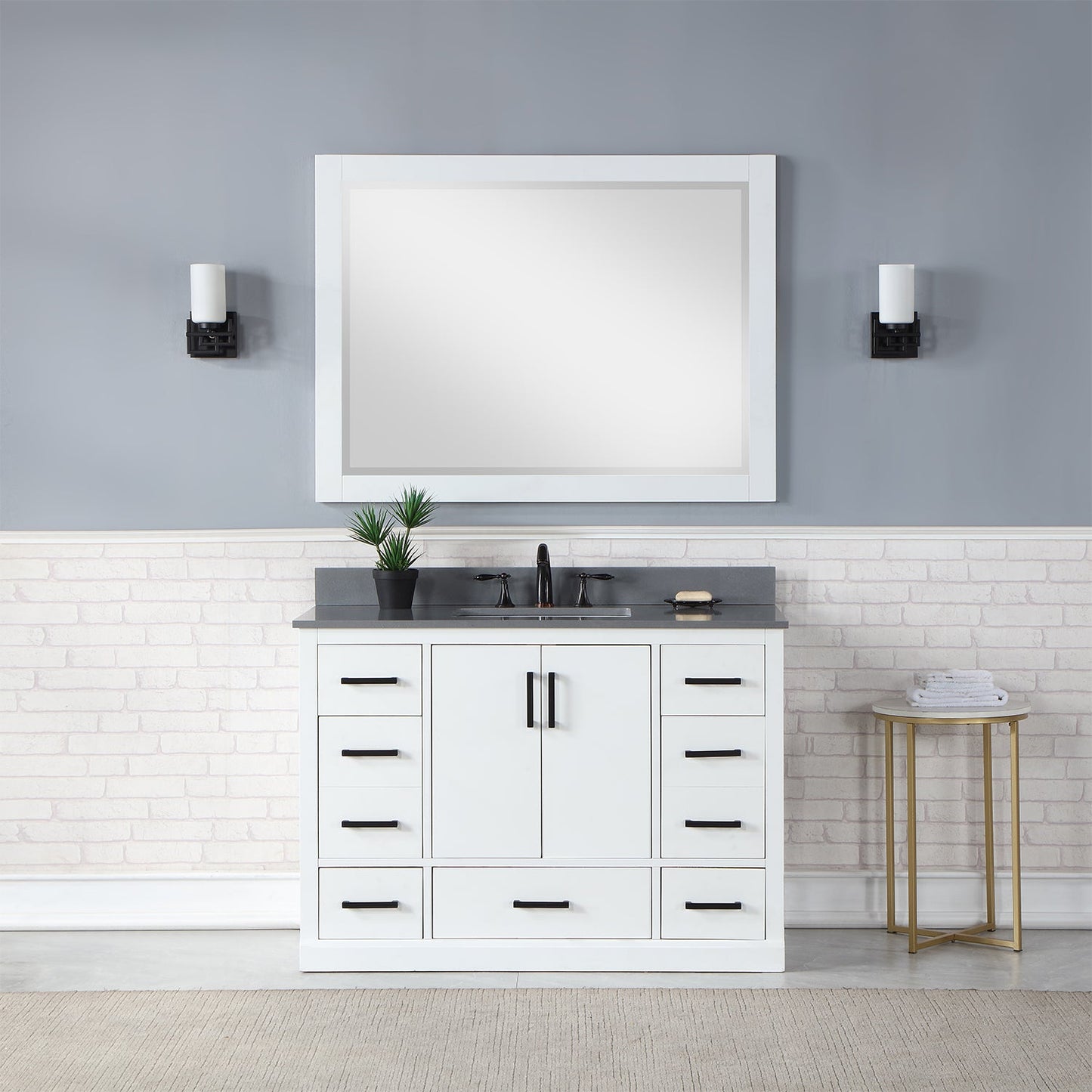Monna 48" Single Bathroom Vanity Set in White with Concrete Grey Engineered Stone Countertop with Mirror