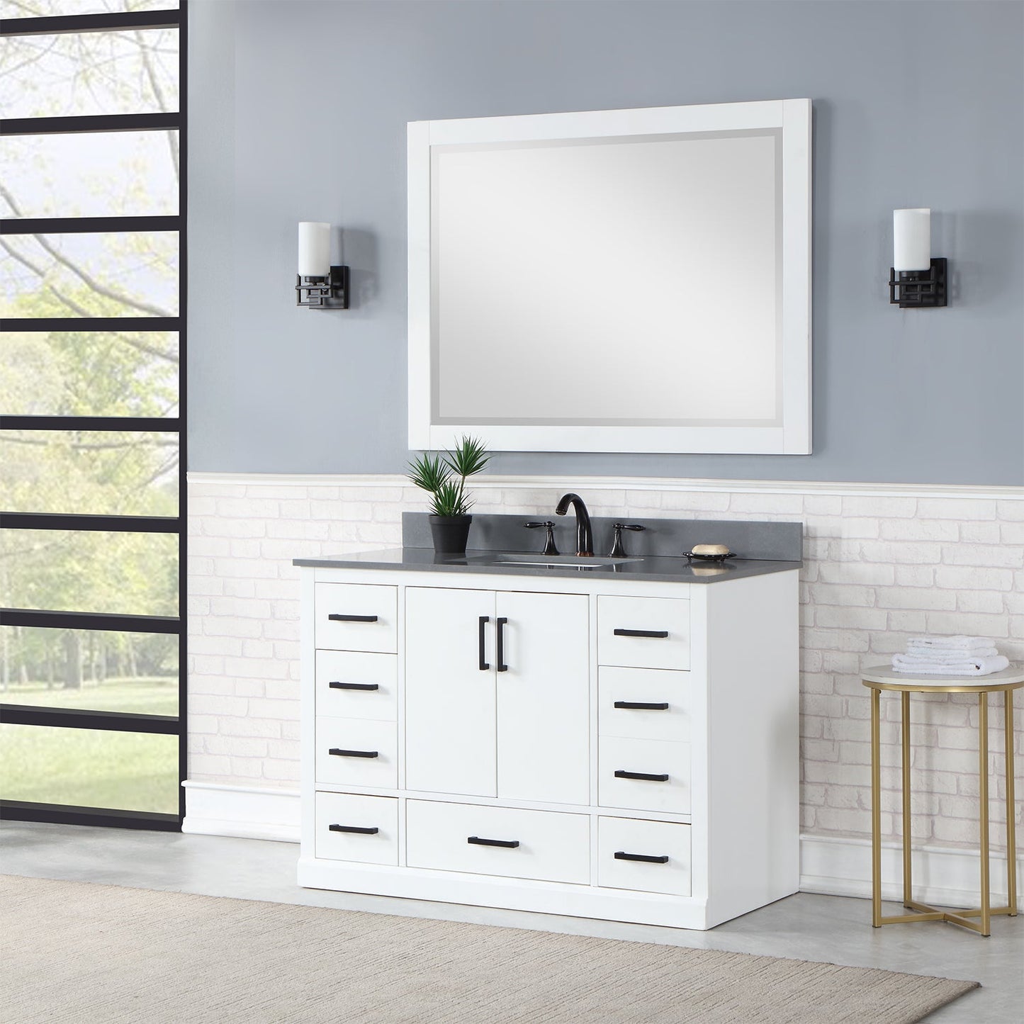 Monna 48" Single Bathroom Vanity Set in White with Concrete Grey Engineered Stone Countertop with Mirror