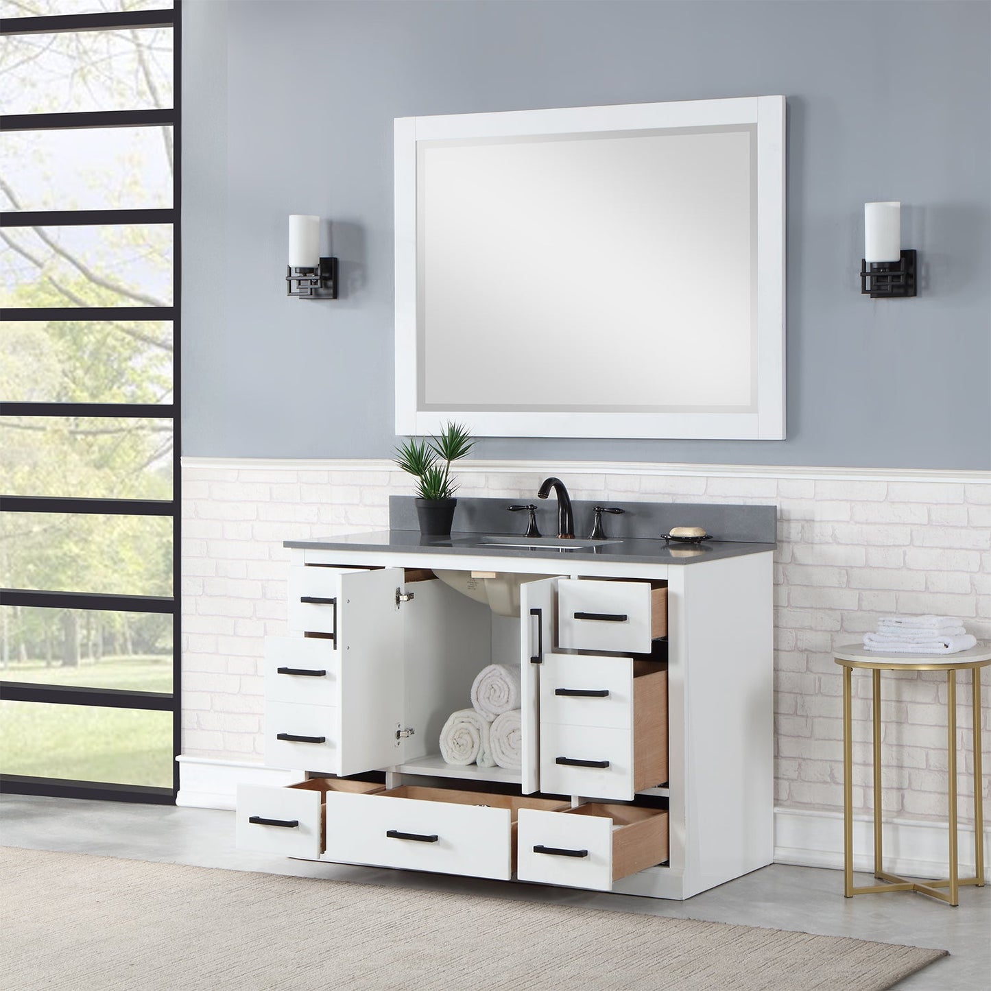 Monna 48" Single Bathroom Vanity Set in White with Concrete Grey Engineered Stone Countertop with Mirror