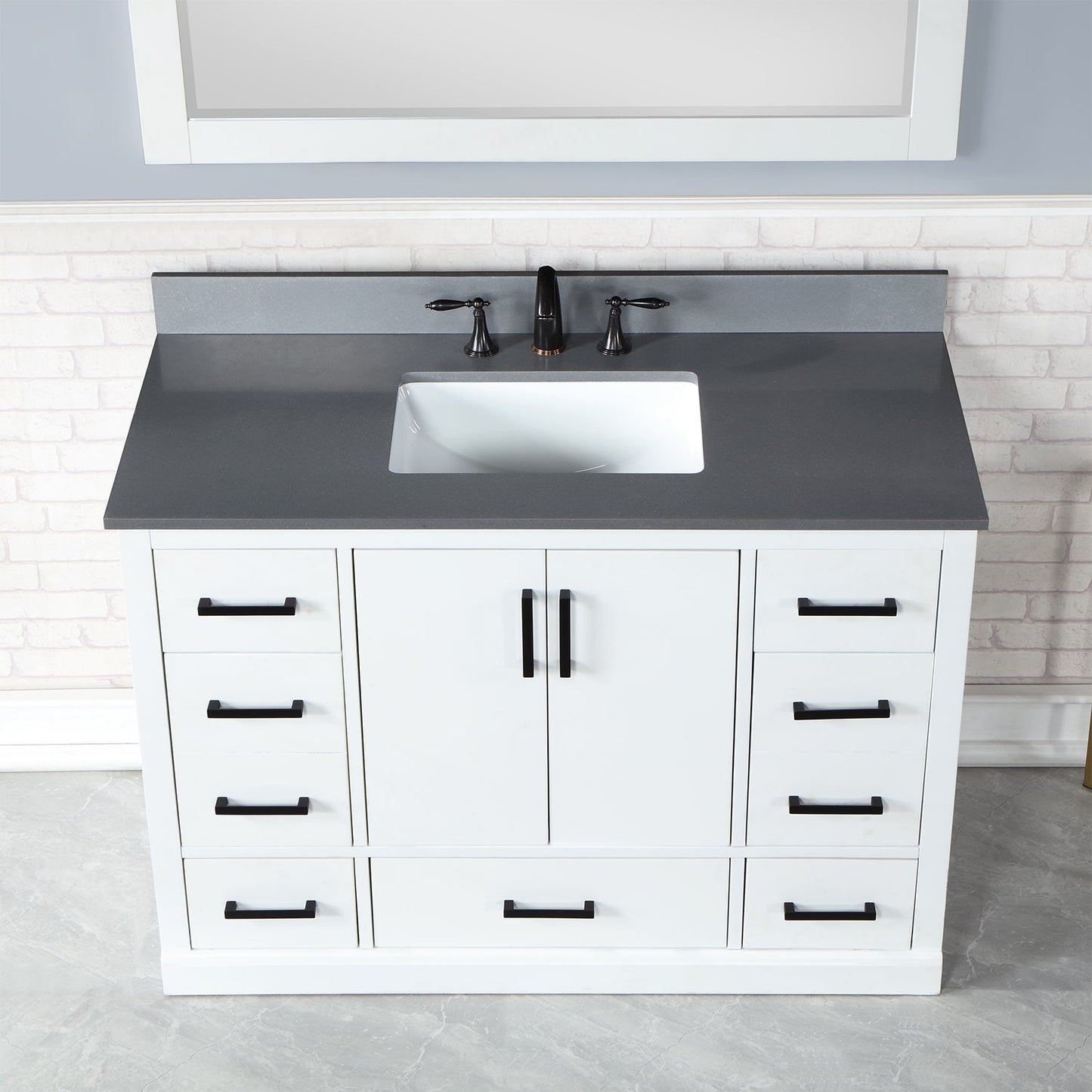 Monna 48" Single Bathroom Vanity Set in White with Concrete Grey Engineered Stone Countertop with Mirror
