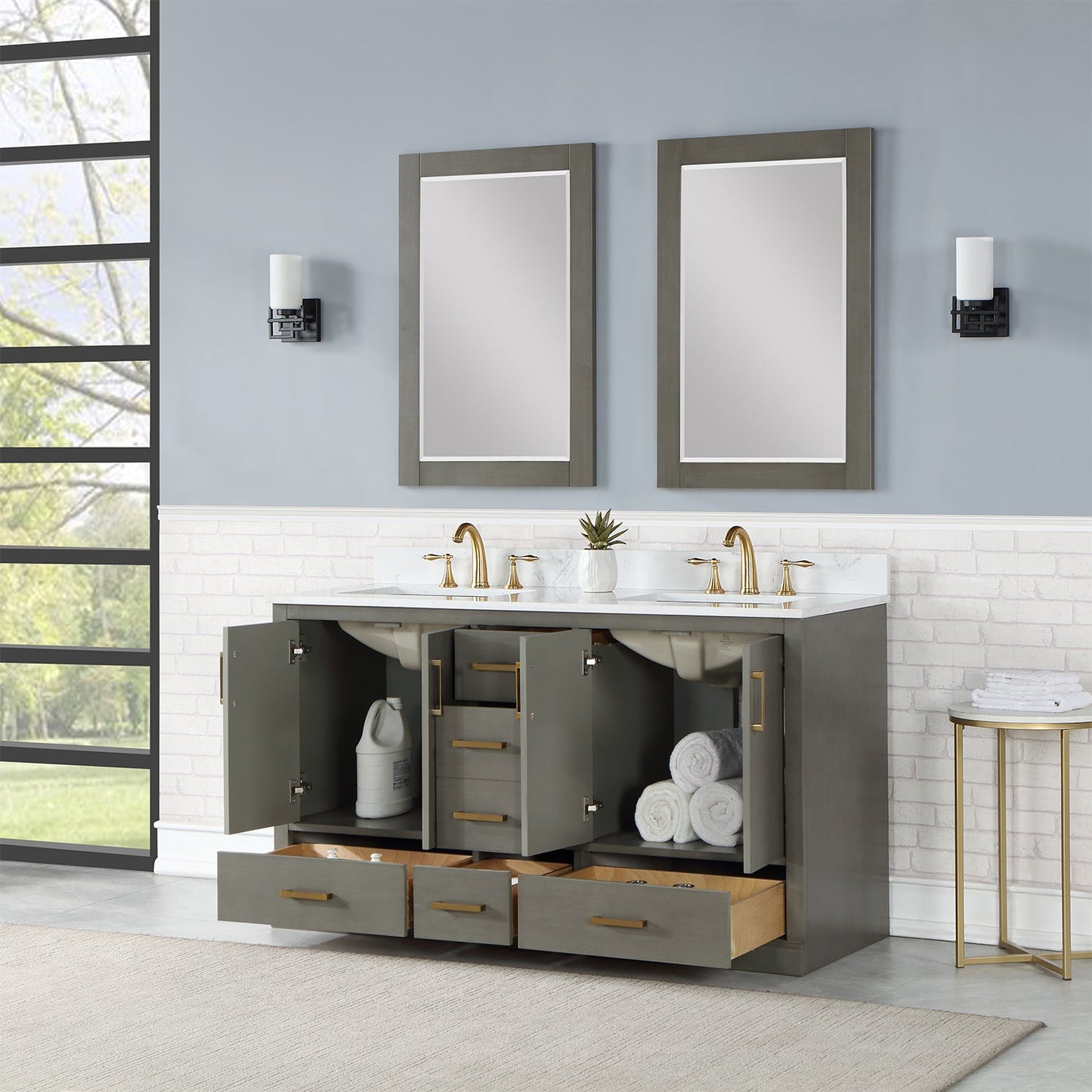 Monna 60" Double Bathroom Vanity Set in Gray Pine with Aosta White Engineered Stone Countertop with Mirror