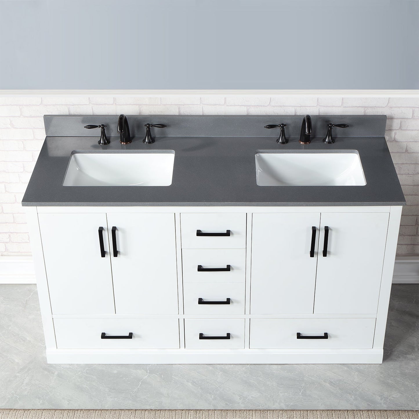 Monna 60" Double Bathroom Vanity Set in White with Concrete Grey Engineered Stone Countertop without Mirror