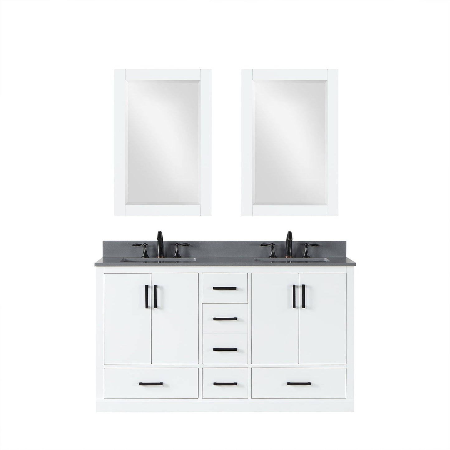 Monna 60" Double Bathroom Vanity Set in White with Concrete Grey Engineered Stone Countertop with Mirror