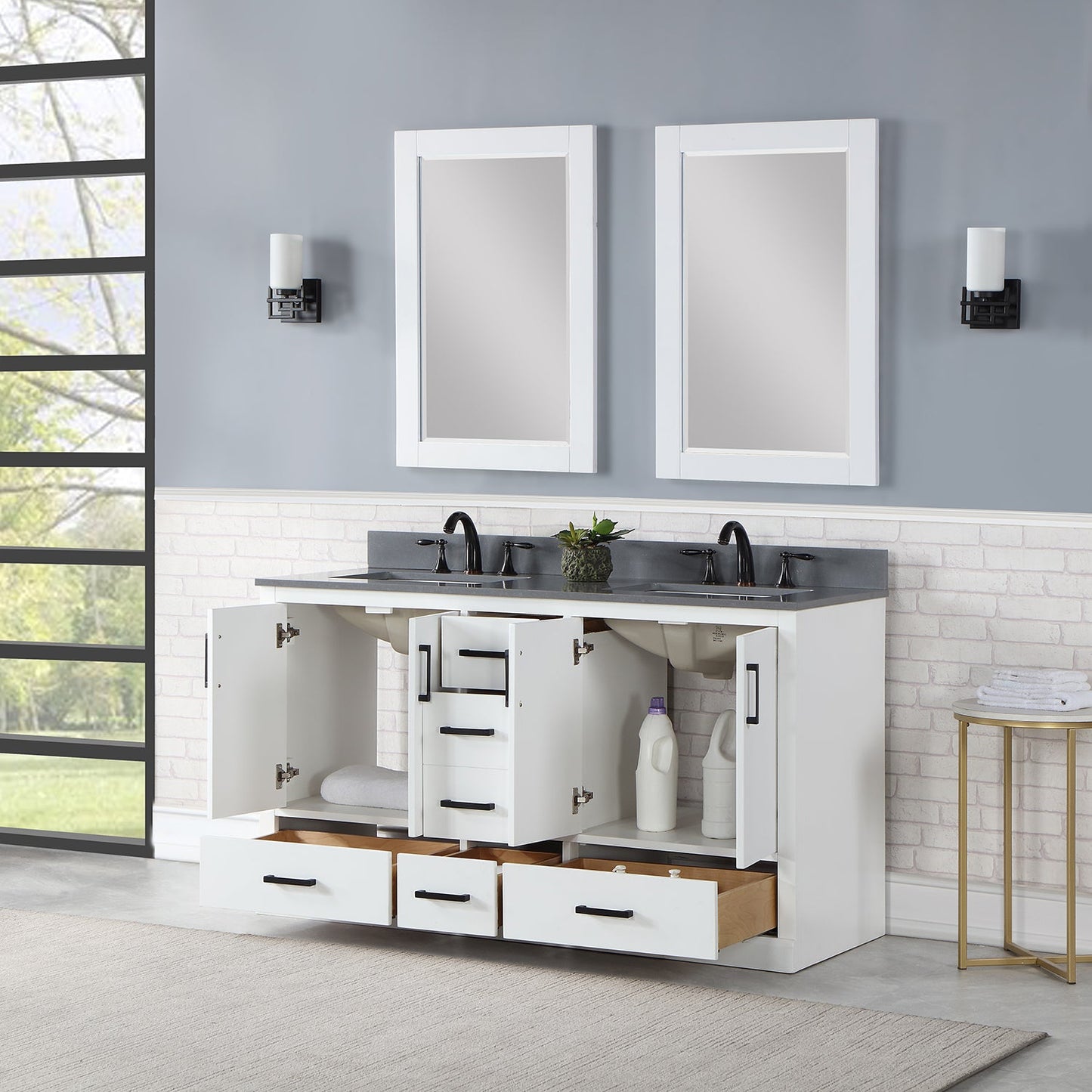 Monna 60" Double Bathroom Vanity Set in White with Concrete Grey Engineered Stone Countertop with Mirror