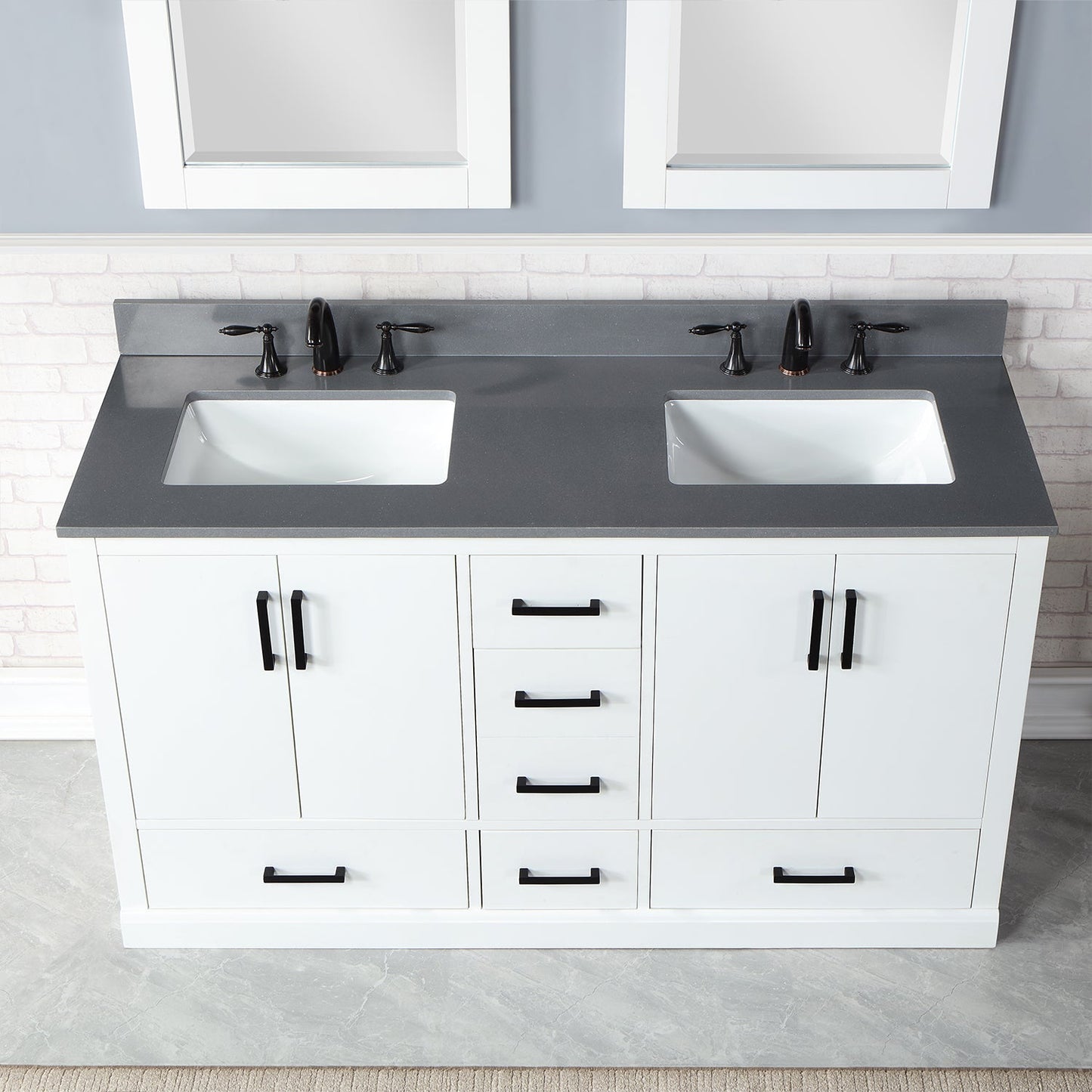 Monna 60" Double Bathroom Vanity Set in White with Concrete Grey Engineered Stone Countertop with Mirror