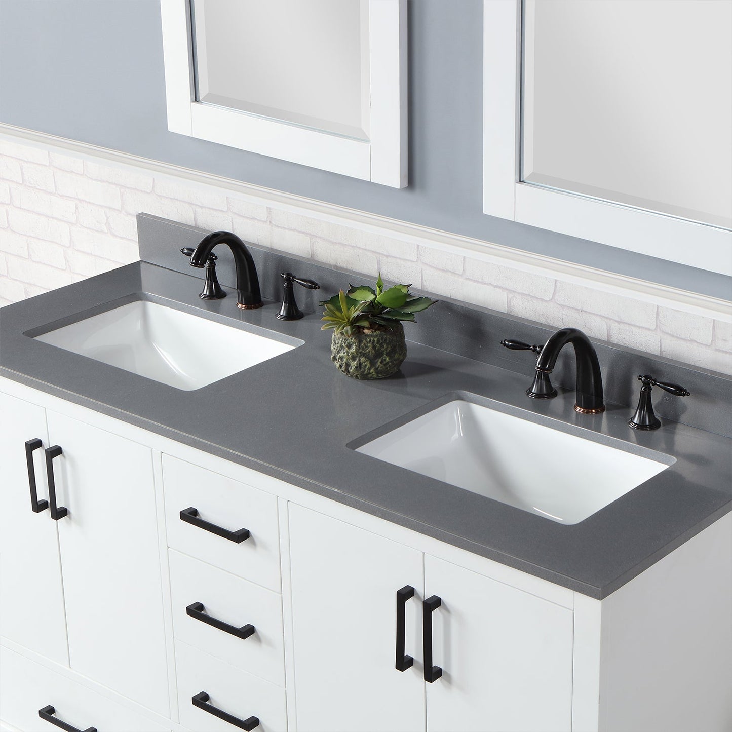Monna 60" Double Bathroom Vanity Set in White with Concrete Grey Engineered Stone Countertop with Mirror