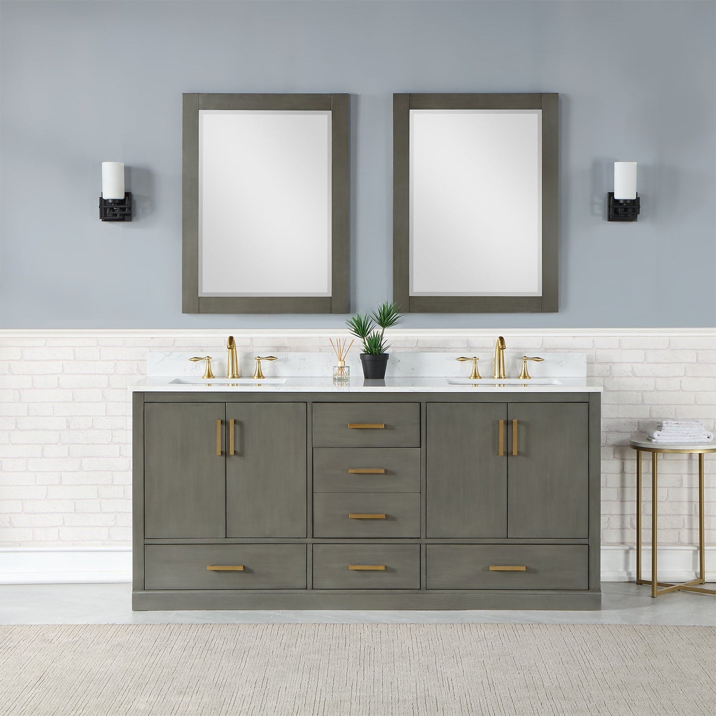 Monna 72" Double Bathroom Vanity Set in Gray Pine with Aosta White Engineered Stone Countertop with Mirror