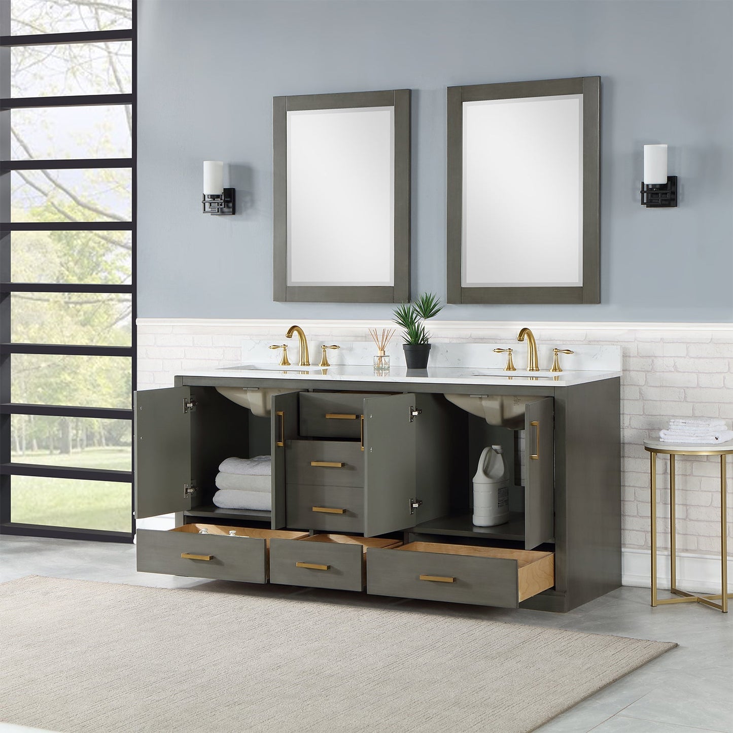 Monna 72" Double Bathroom Vanity Set in Gray Pine with Aosta White Engineered Stone Countertop with Mirror
