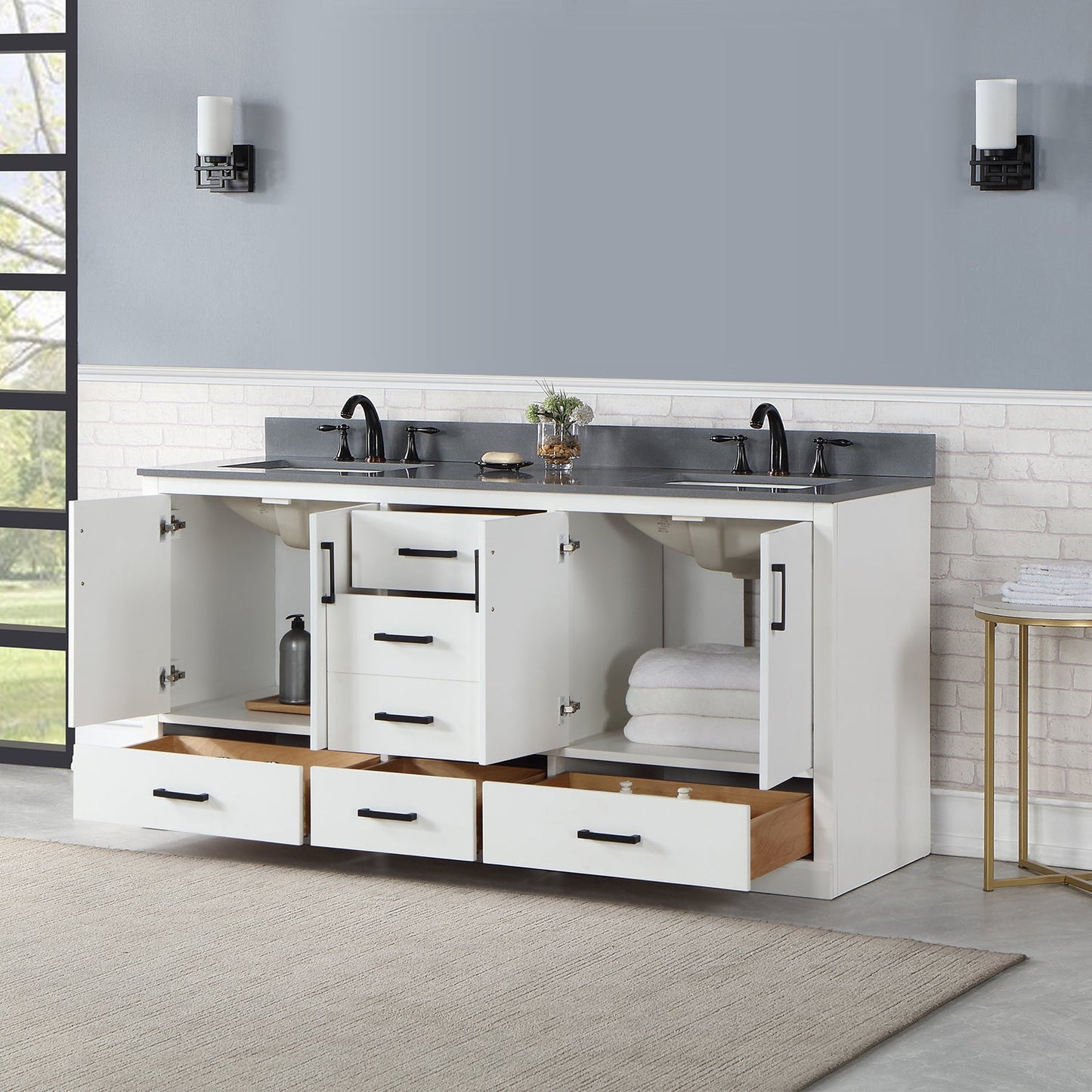 Monna 72" Double Bathroom Vanity Set in White with Concrete Grey Engineered Stone Countertop without Mirror