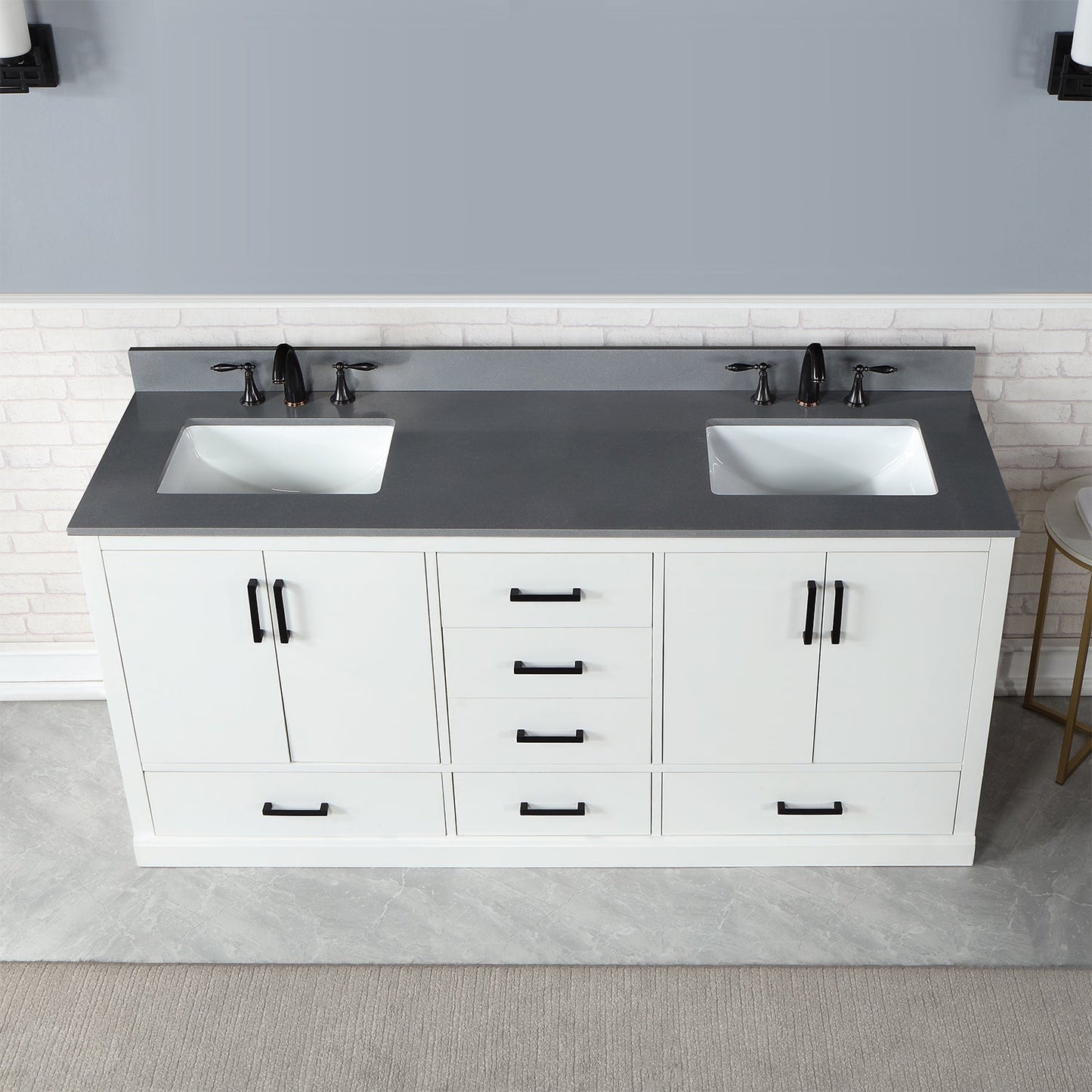 Monna 72" Double Bathroom Vanity Set in White with Concrete Grey Engineered Stone Countertop without Mirror