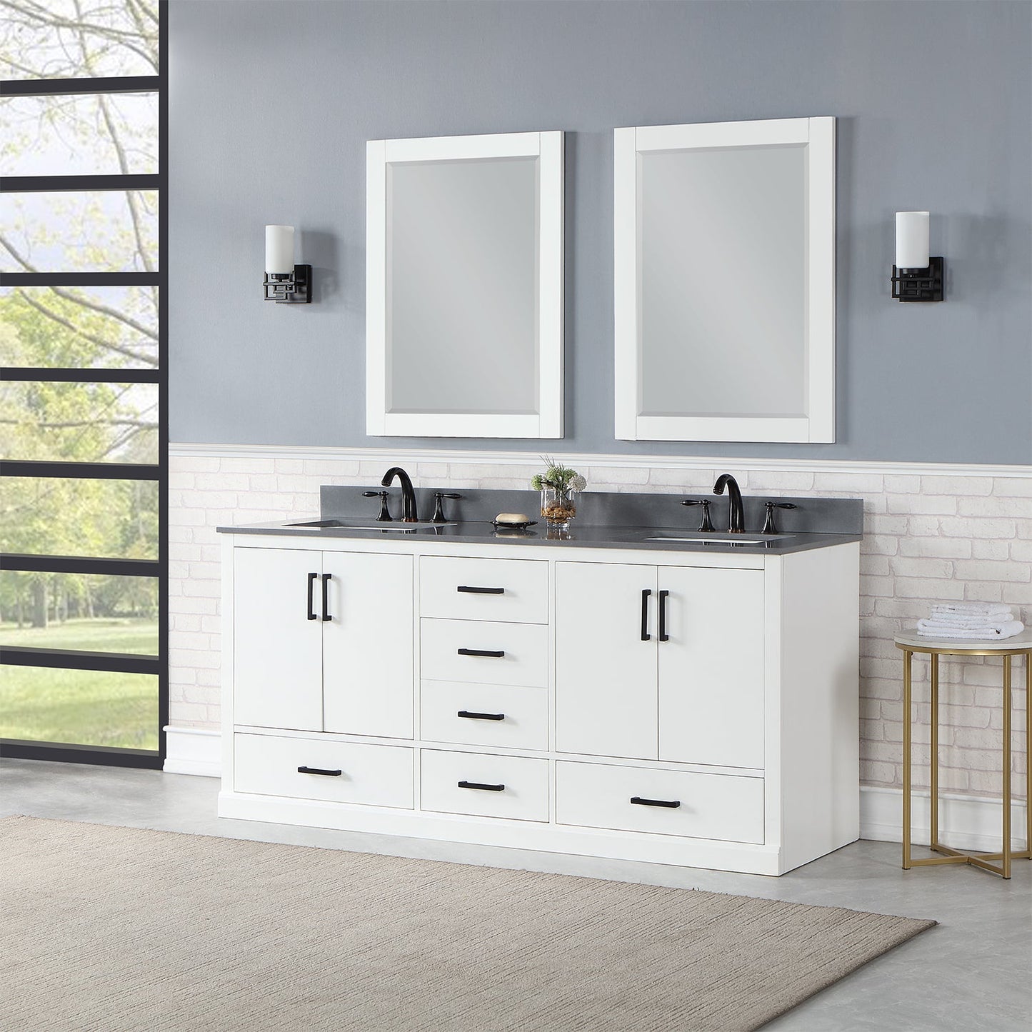 Monna 72" Double Bathroom Vanity Set in White with Concrete Grey Engineered Stone Countertop with Mirror