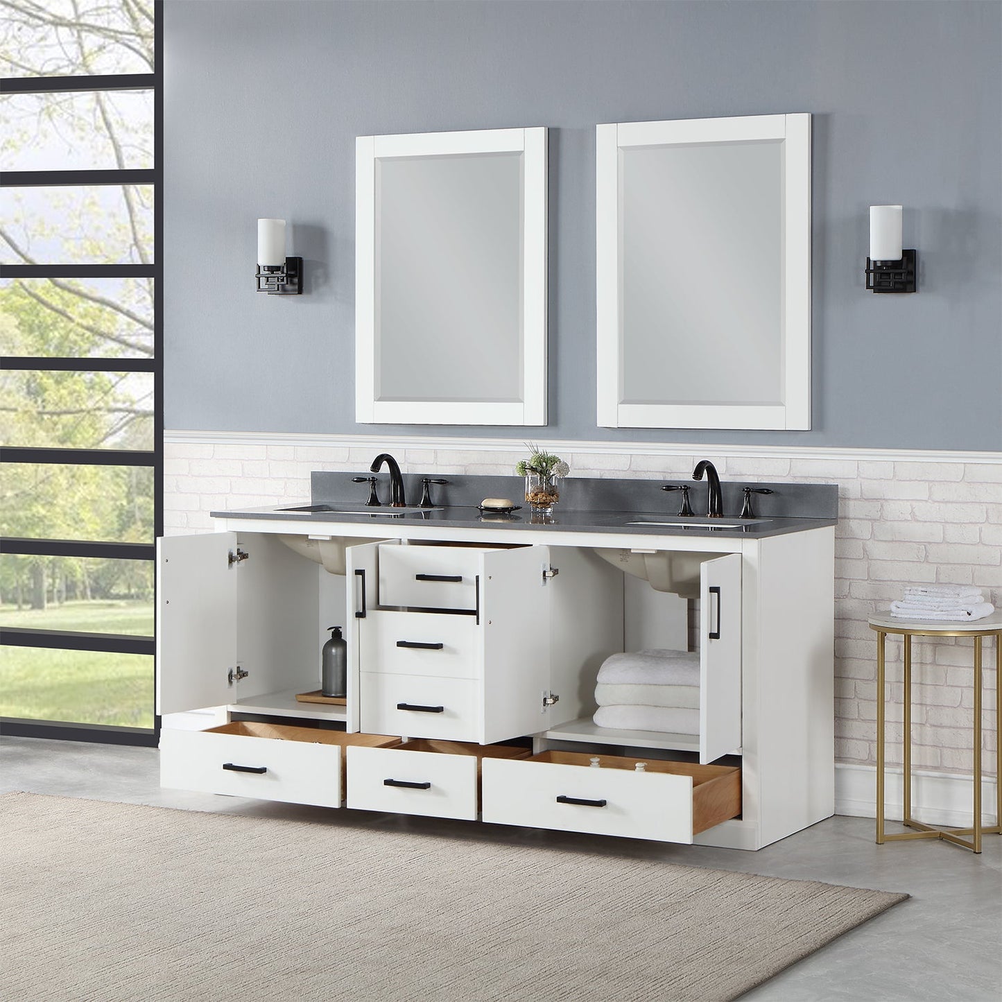 Monna 72" Double Bathroom Vanity Set in White with Concrete Grey Engineered Stone Countertop with Mirror
