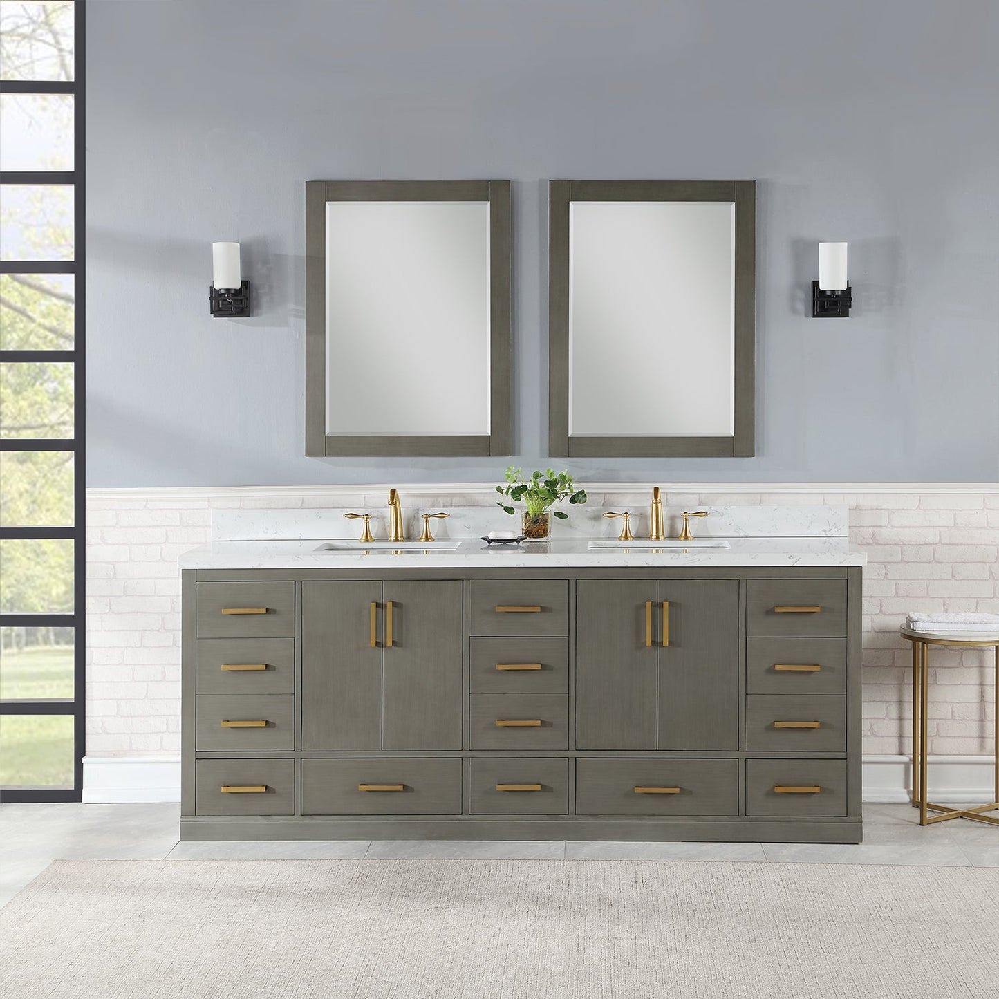 Monna 84" Double Bathroom Vanity Set in Gray Pine with Aosta White Engineered Stone Countertop with Mirror